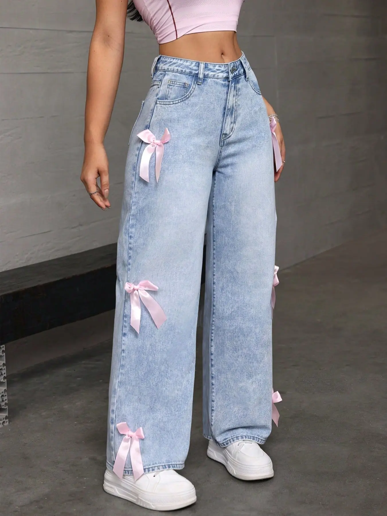 Sweet Cool Style Bow Wide Leg Jeans for Women, High Waist Light Wash Loose Fit Denim Jeans, Y2K Streetwear Casual Long Jeans