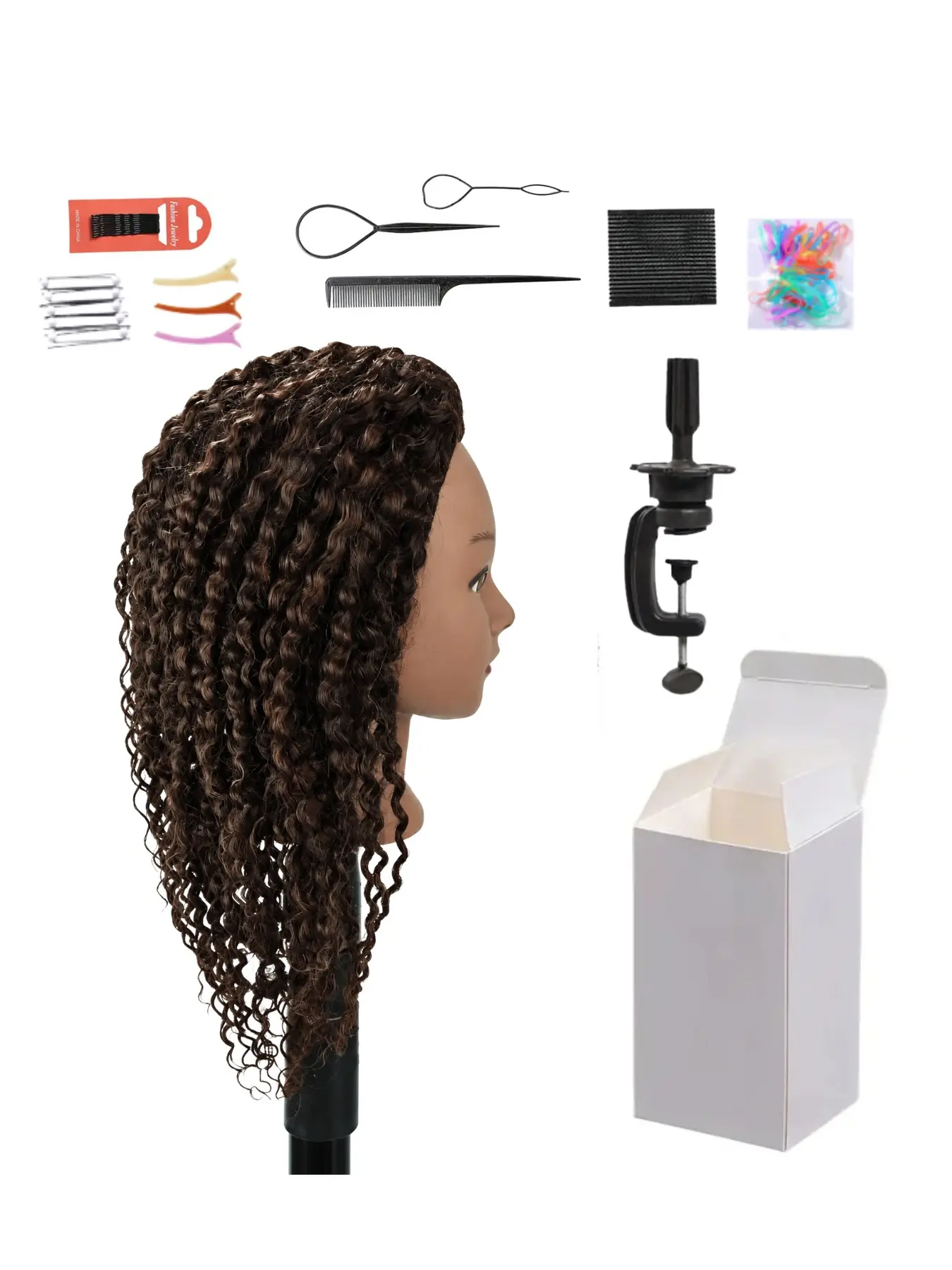 Curly Hair Mannequin Training Head Styling Practice Manikin Head With Clamp Stand Full Braiding Tool Set Portable Packing Box For Beauty School Students Practice Twist Crochet Braids Hairstyle Curly Hair Mannequin Head For Hair Styling Practice