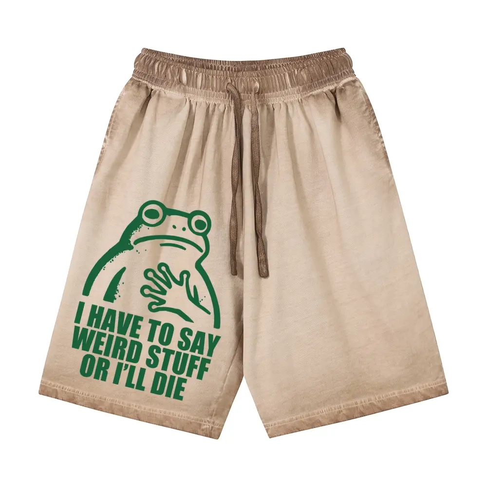 Unisex I HAVE TO SAY WEIRD STUFF OR I’LL DIE Line Art Frog Graphic Gradient Washed Shorts Personalized Pattern Y2k Clothing Gradient Washed Shorts,Women's Clothing, Menswear, Vintage Style,Summer Casual Oversized