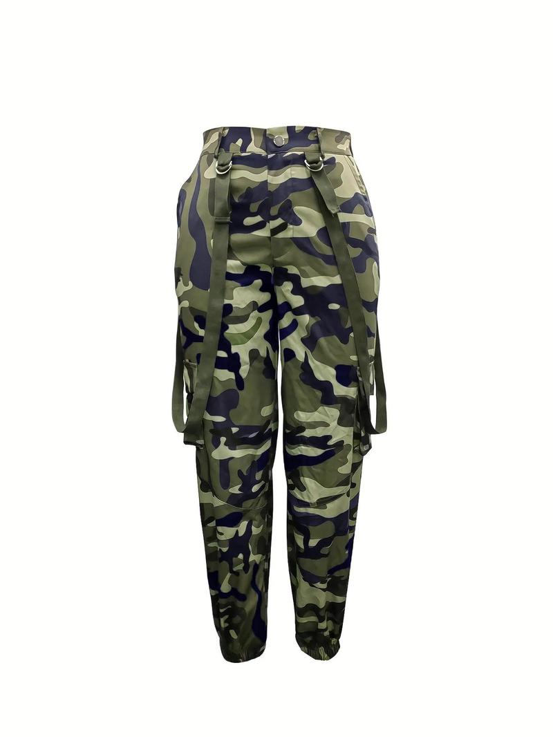 Women's Print Flap Pocket Cargo Pants, Casual Chic Trousers, Casual Streetwear Button Trousers for Daily Wear, Ladies Bottoms for All Seasons