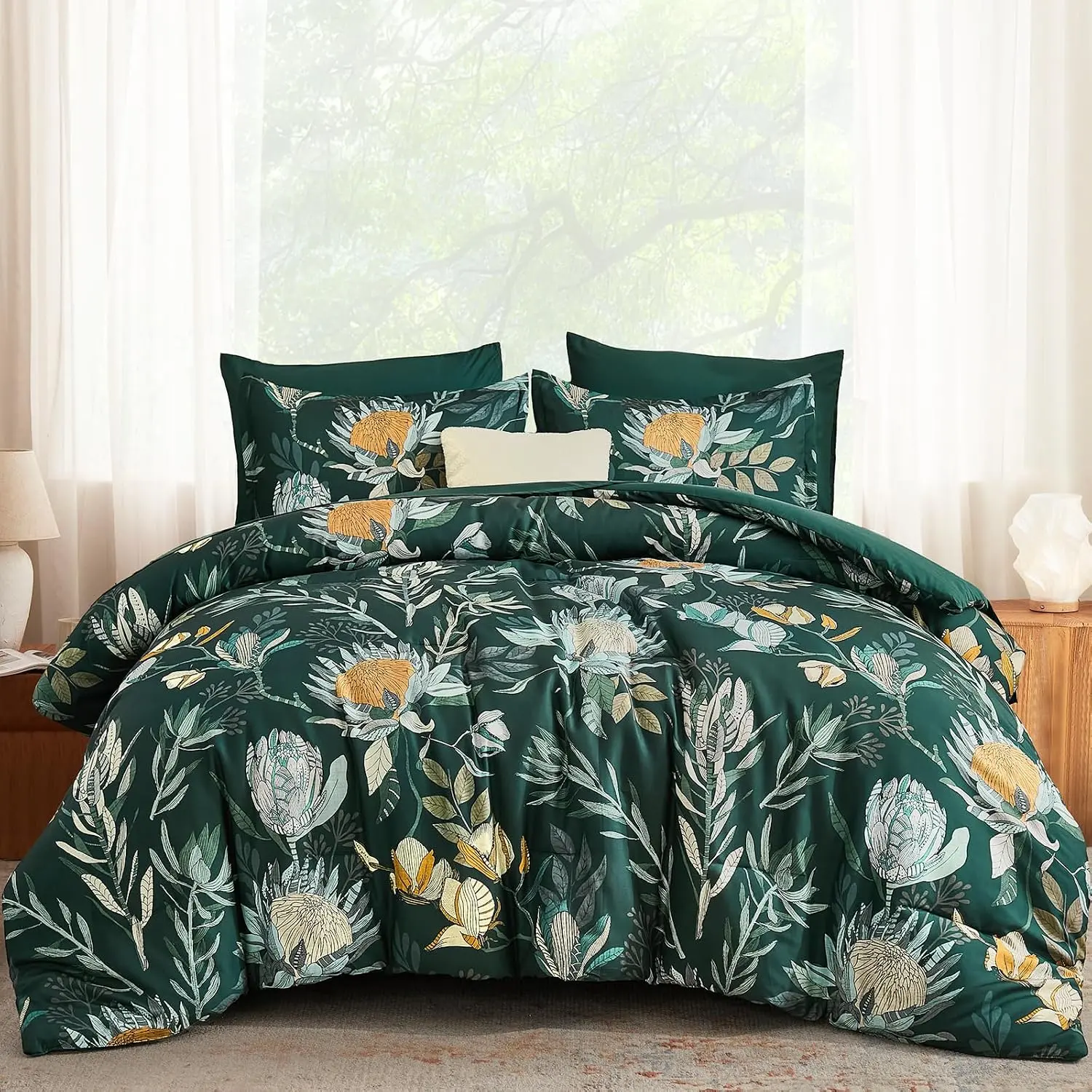 Queen Comforter Set 7 Pieces Bedding Sets, Dark Green Floral Comforter and Sheet Set, Soft Microfiber Bed in a Bag for All (Dark Green,90"x90")