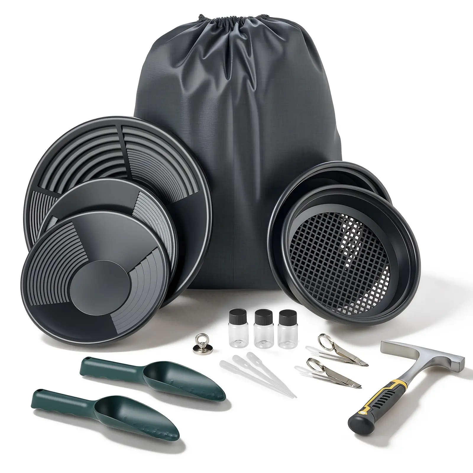 VEVOR 19-Piece Portable Prospecting Kit - 10in & 14in Dual-Riffle Pans, Classifier Sieves, Sand Magnet, Rock Pick, Scoops, Backpack, 4.32 lbs High-Contrast Gear with Precise Water Control for Outdoor Recovery