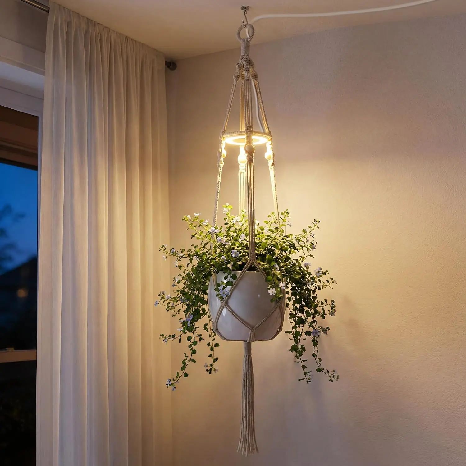 Indoor LED Pendant Grow Lamp - Synthetic, with Timer, Wall/Ceiling-Mount Options, Included Macrame Hanger, Garden Supplies, Grow Light for Seedlings, Pendant Light for Potted Plants