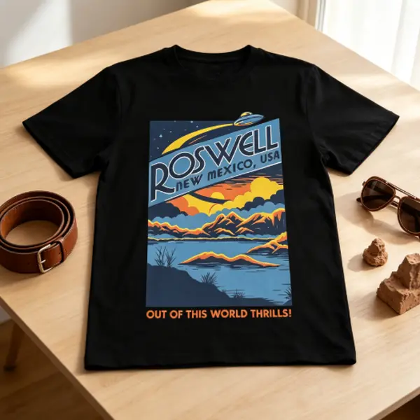 Vintage Roswell New Mexico UFO T Shirt Men Out Of This World Thrills Retro Alien Graphic Black Cotton Tee sleeve t-shirt