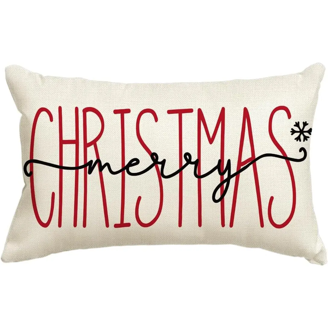 Merry Christmas Throw Pillow Cover, 12 x 20 Inch Winter Holiday Cushion Case Decoration for Sofa Couch
