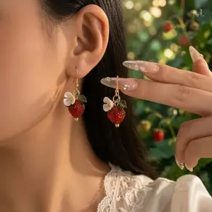 Dainty Strawberry Dangle Drop Earrings, Cute Summer Fruit Floral Jewelry, Lightweight Trendy Dangling Accessories for Women & Teen Girls, Charming Fashion Ear Ornament for Beach, Vacation, Party and Daily Casual Wear