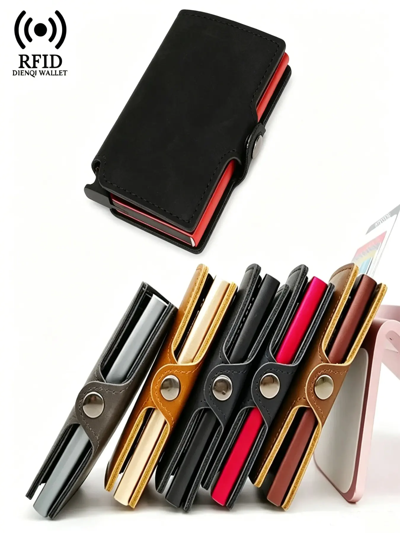 Minimalist Slim Pop Up Credit Card Holder, Rfid Secure Wallet with Snap Closure, Compact Leather Card Holder for Office Travelers