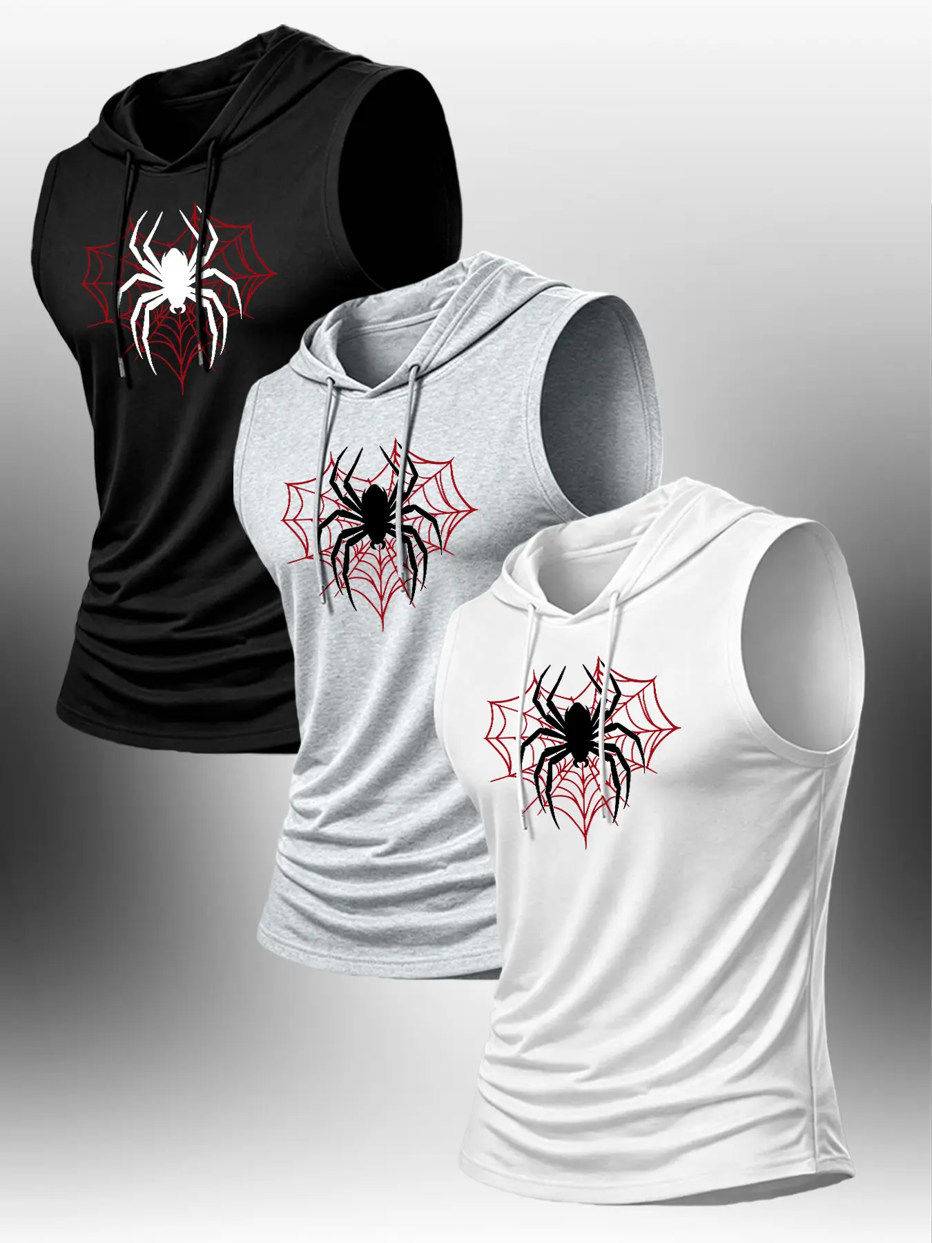 Men's Summer Casual Hooded Tank Top Set, Spider Icon Print, Fashionable Daily Wear, Essential for Outdoor Activities and Fitness, Sleeveless Sports Tops