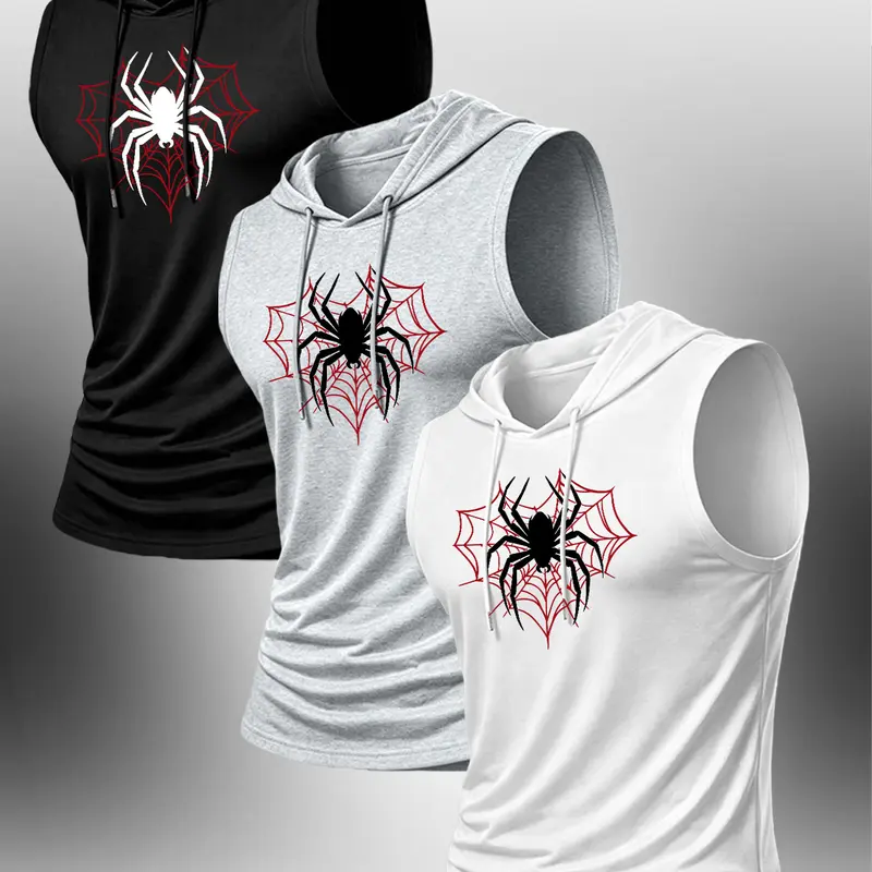 Men's Summer Casual Hooded Tank Top Set, Spider Icon Print, Fashionable Daily Wear, Essential for Outdoor Activities and Fitness, Sleeveless Workout, Sleeveless Sports Tops, Sleeveless Sports Vest, Sleeveless Sporty Design