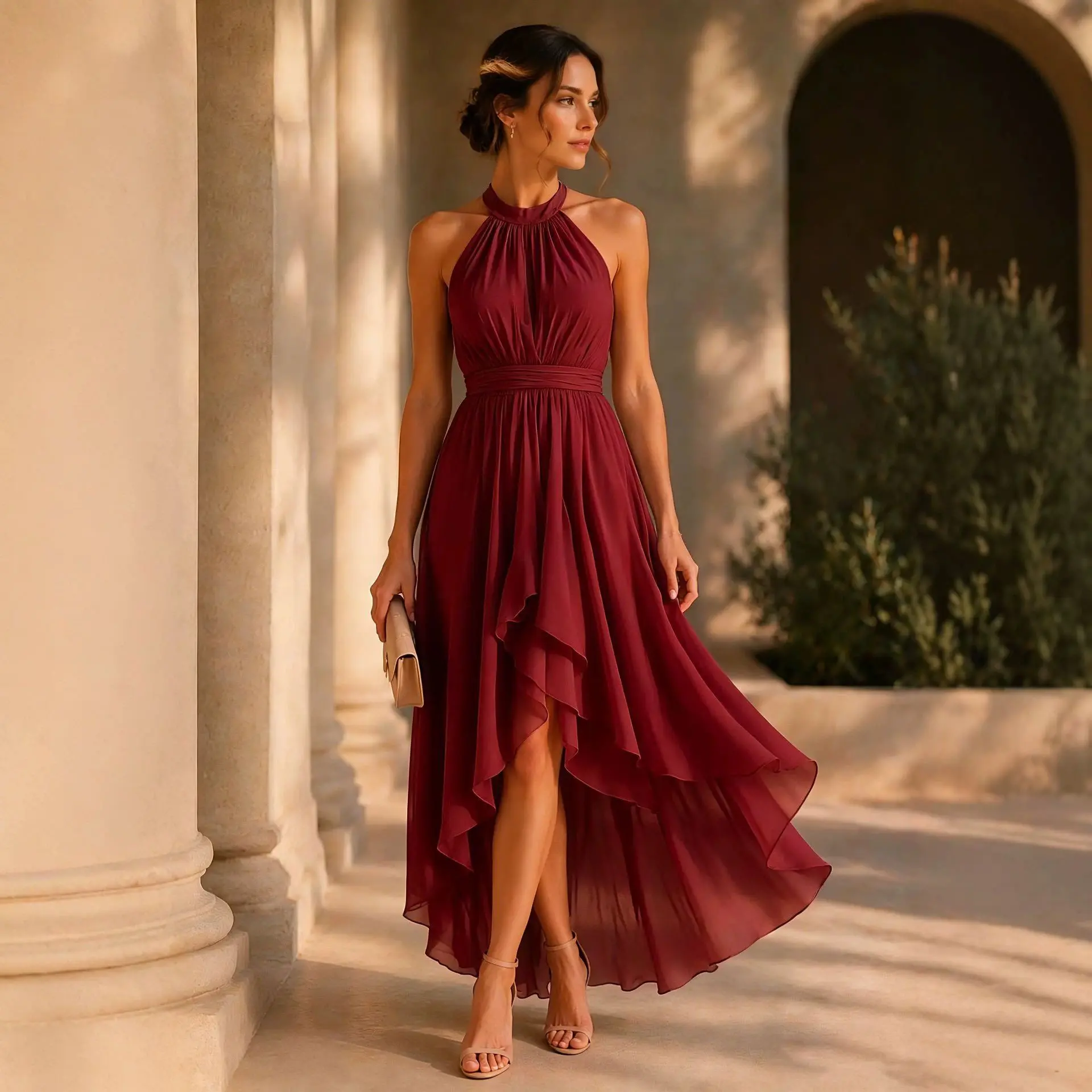 Women's Elegant Formal Halter-Neck Chiffon Gown - Sleeveless, Waist-Cinching Pleated, Asymmetrical Hem Long Dress, Wedding Guest Dress, Formal Dresses