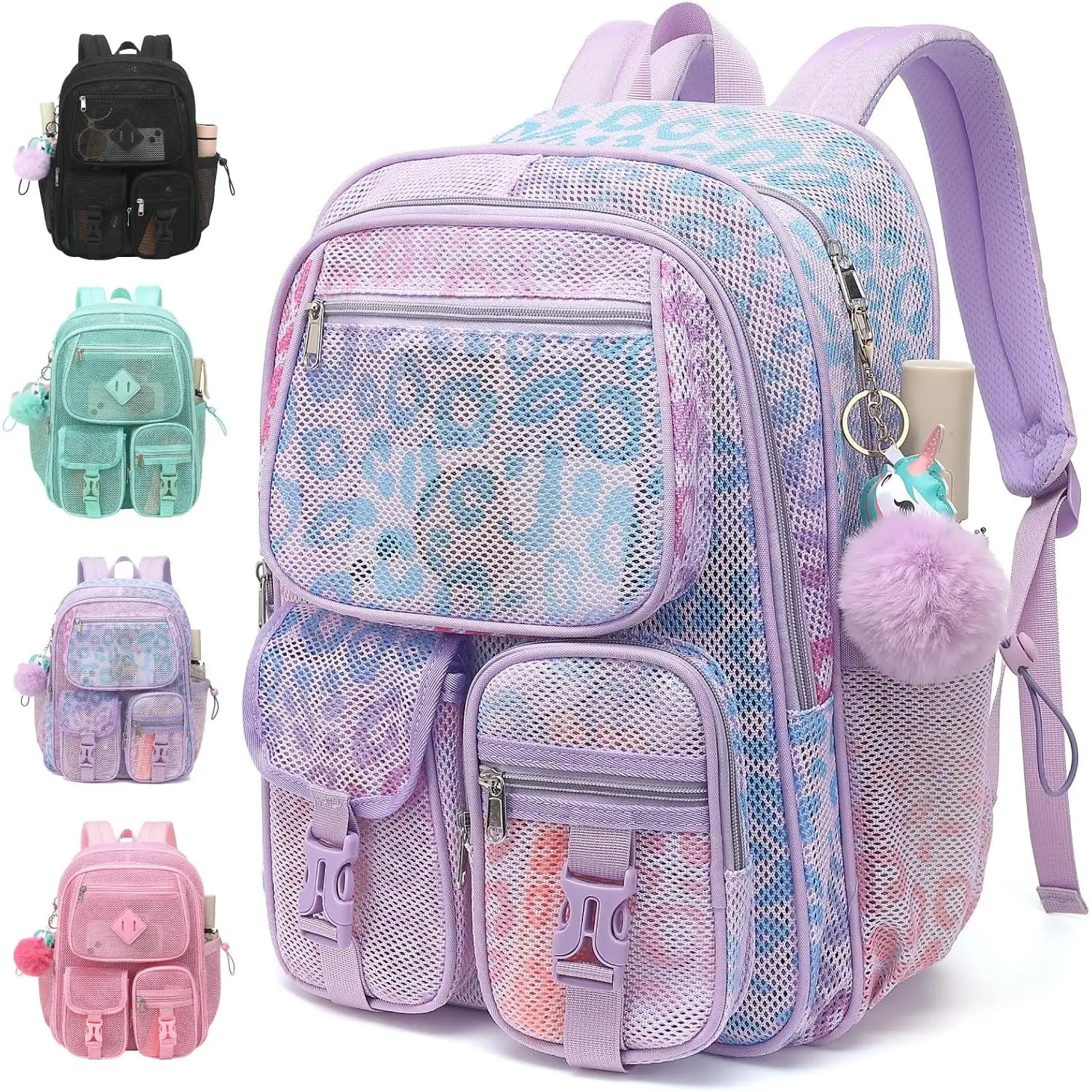 Mesh Backpack for Girls Boys, Heavy Duty Semi-Transparent Mesh Bookbag Womens Mens Mesh Backpacks for School, Sports, Beach, Swimming, Travel Purple Leopard