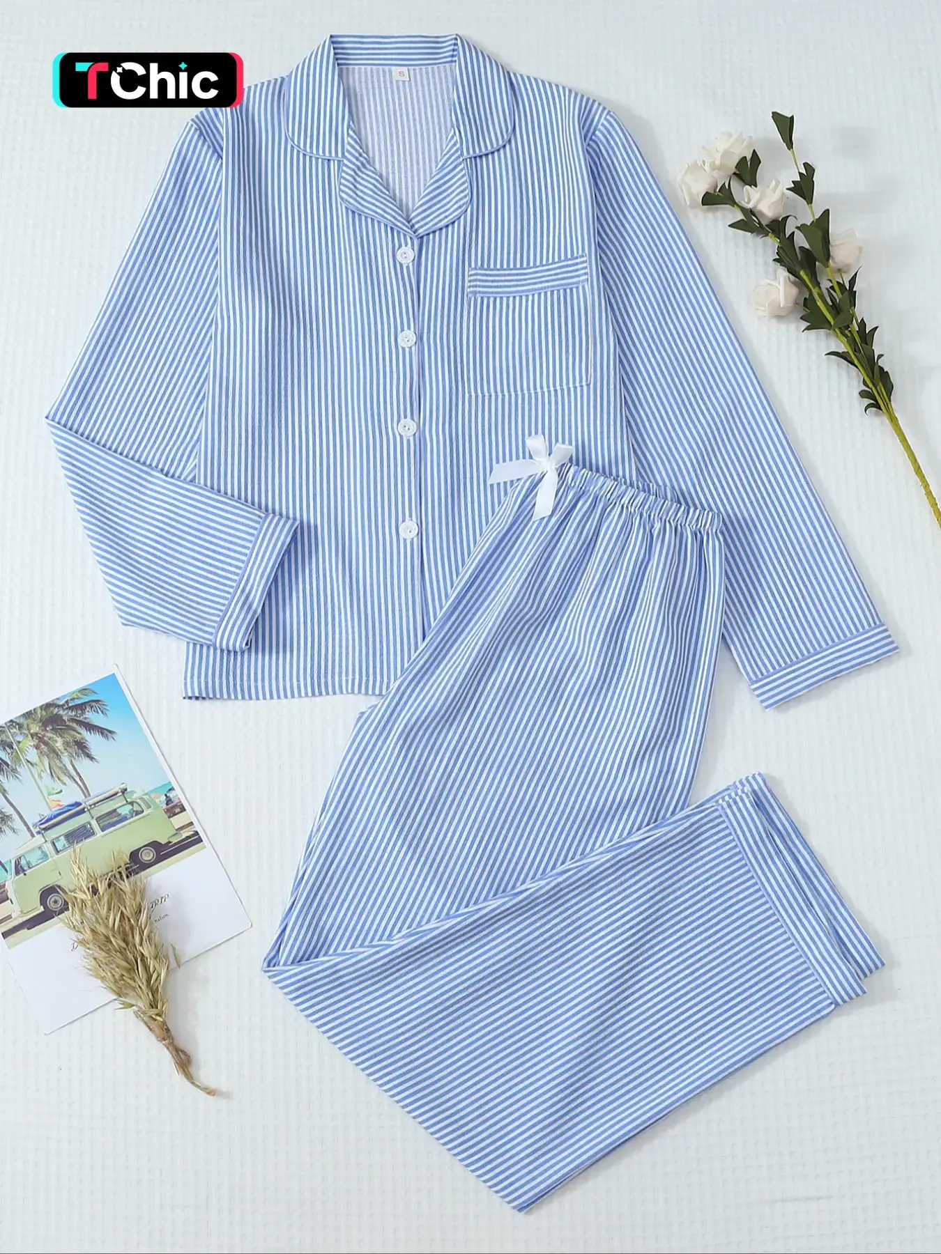 Women's Sleepwear Loungewear Set, Sweet Casual Fitted Breathable Home Clothes, Long Sleeve Woven Nightshirt with Bow Pants, Pocket Design, Elegant Striped Pajamas, Nightwear Sleepwear Homewear, Homewear, Pajama Sets, Pjs