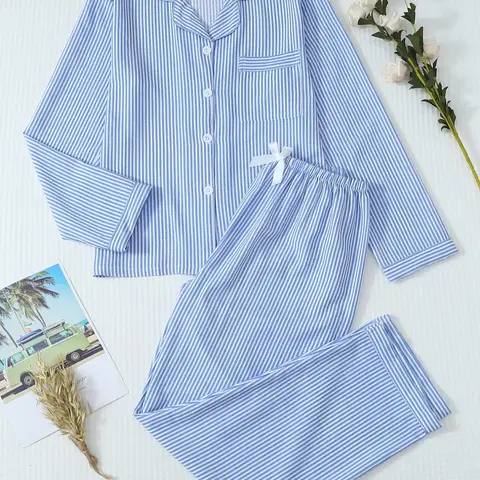 Women's Sleepwear Loungewear Set, Sweet Casual Fitted Breathable Home Clothes, Long Sleeve Woven Nightshirt with Bow Pants, Pocket Design, Elegant Striped Pajamas, Nightwear Sleepwear Homewear, Homewear, Pajama Sets, Pjs