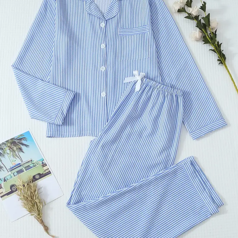 Women's Sleepwear Loungewear Set, Sweet Casual Fitted Breathable Home Clothes, Long Sleeve Woven Nightshirt with Bow Pants, Pocket Design, Elegant Striped Pajamas, Nightwear Sleepwear Homewear, Homewear, Pajama Sets, Pjs