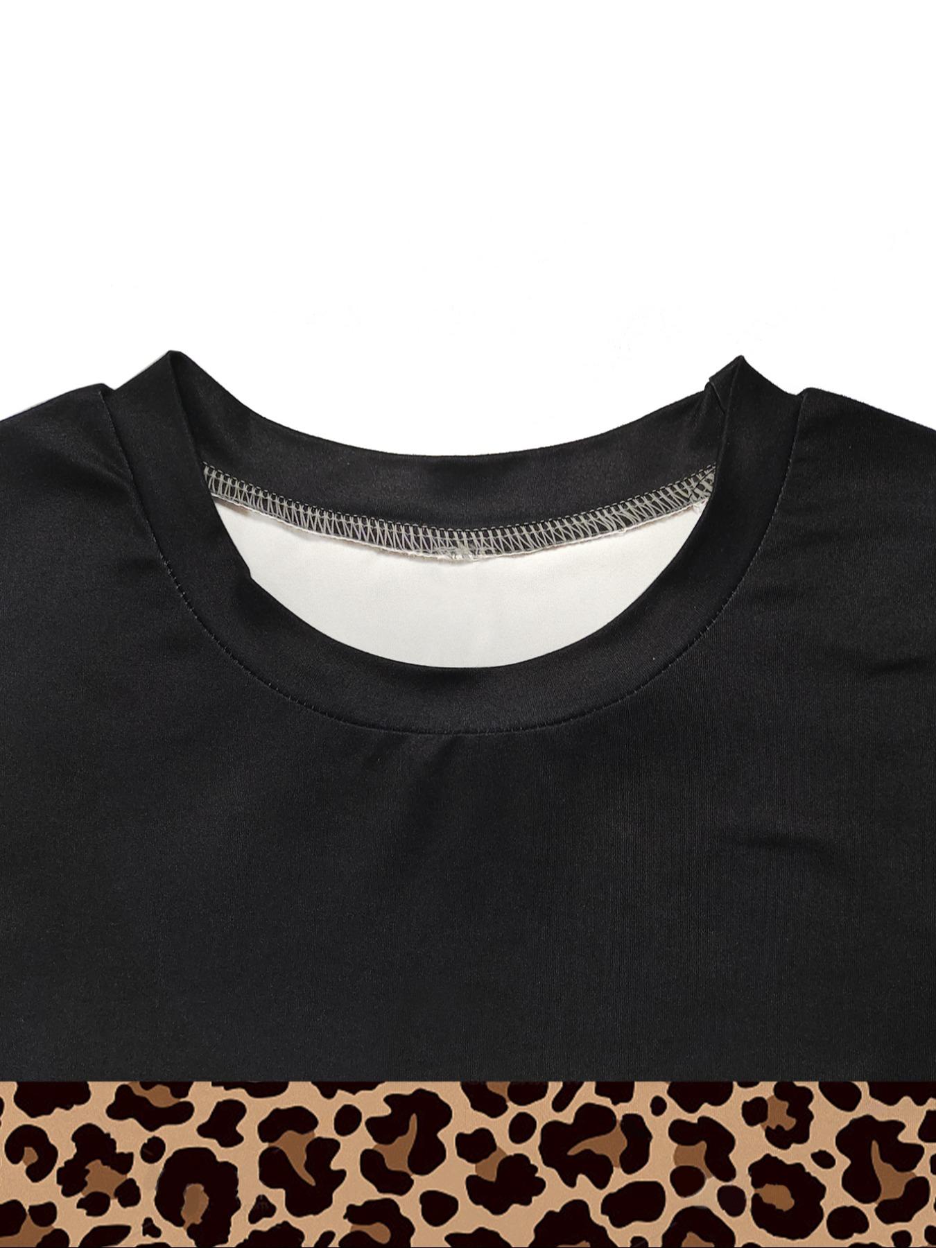 2 Piece Women's Long Sleeve Top & Pants Set for Winter, Leopard Patchwork Home Party Leisure Wear