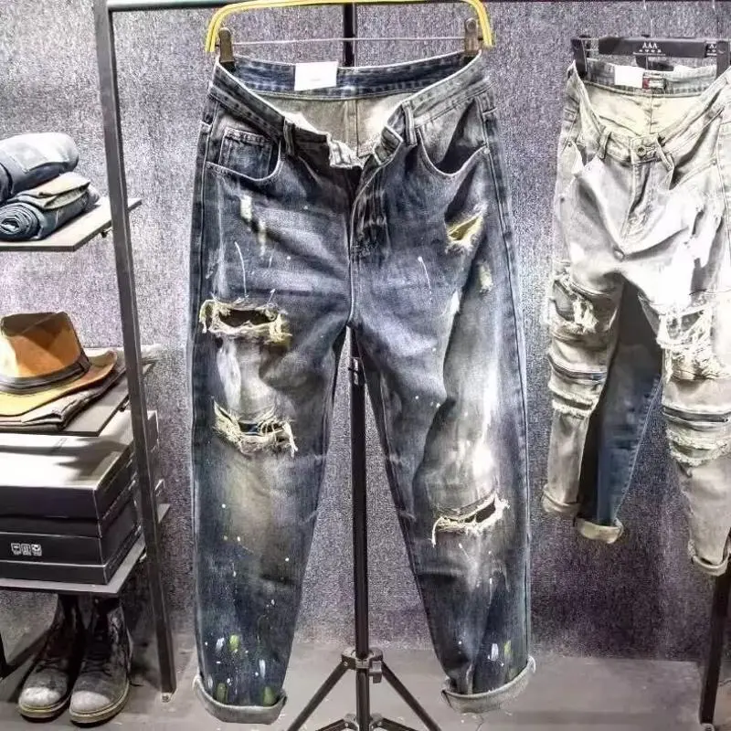 Men's Paint Splatter Ripped Jeans Vintage Washed Straight Leg Stretch Denim Pants Streetwear Hip Hop Casual Distressed Trousers