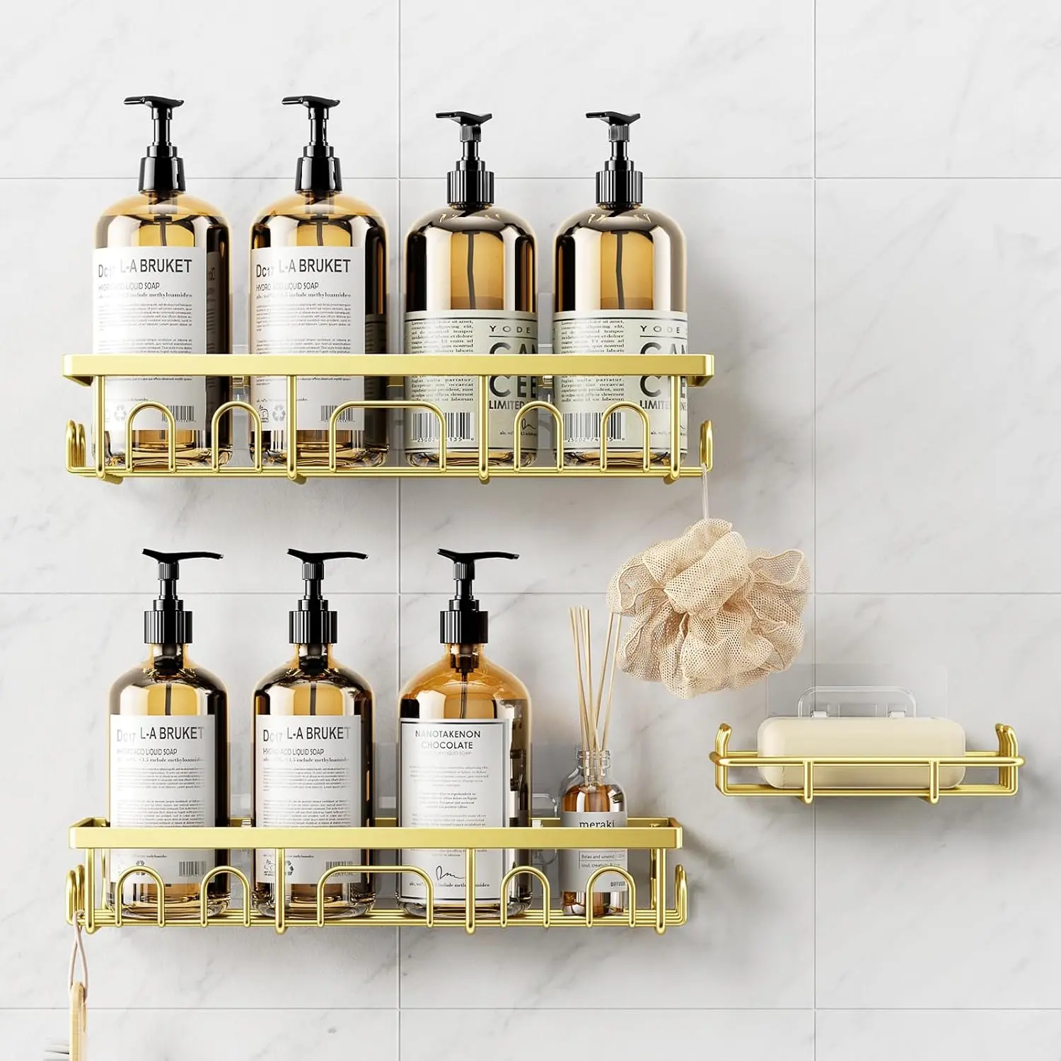 Shower Caddy, 3 Pack Shower Shelves for Inside Bathroom, Rustproof Adhesive Bathroom Organizer with Soap Holder, No Drilling Washroom Organizers and Storage for Bathtub Room/Kitchen/Home, Gold