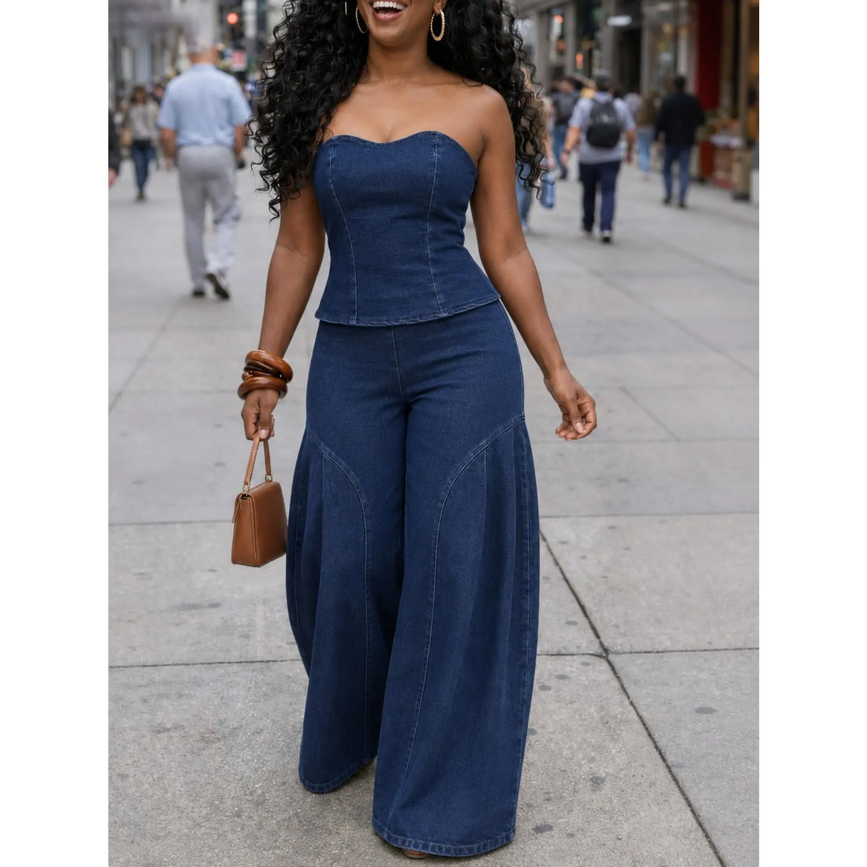 Women's 2-Piece Heavy Industry Denim Set - Elegant Temperament Top with Lace-Up, Wide-Leg Trousers with Full Skirt Hem, Casual Comfortable Outfit