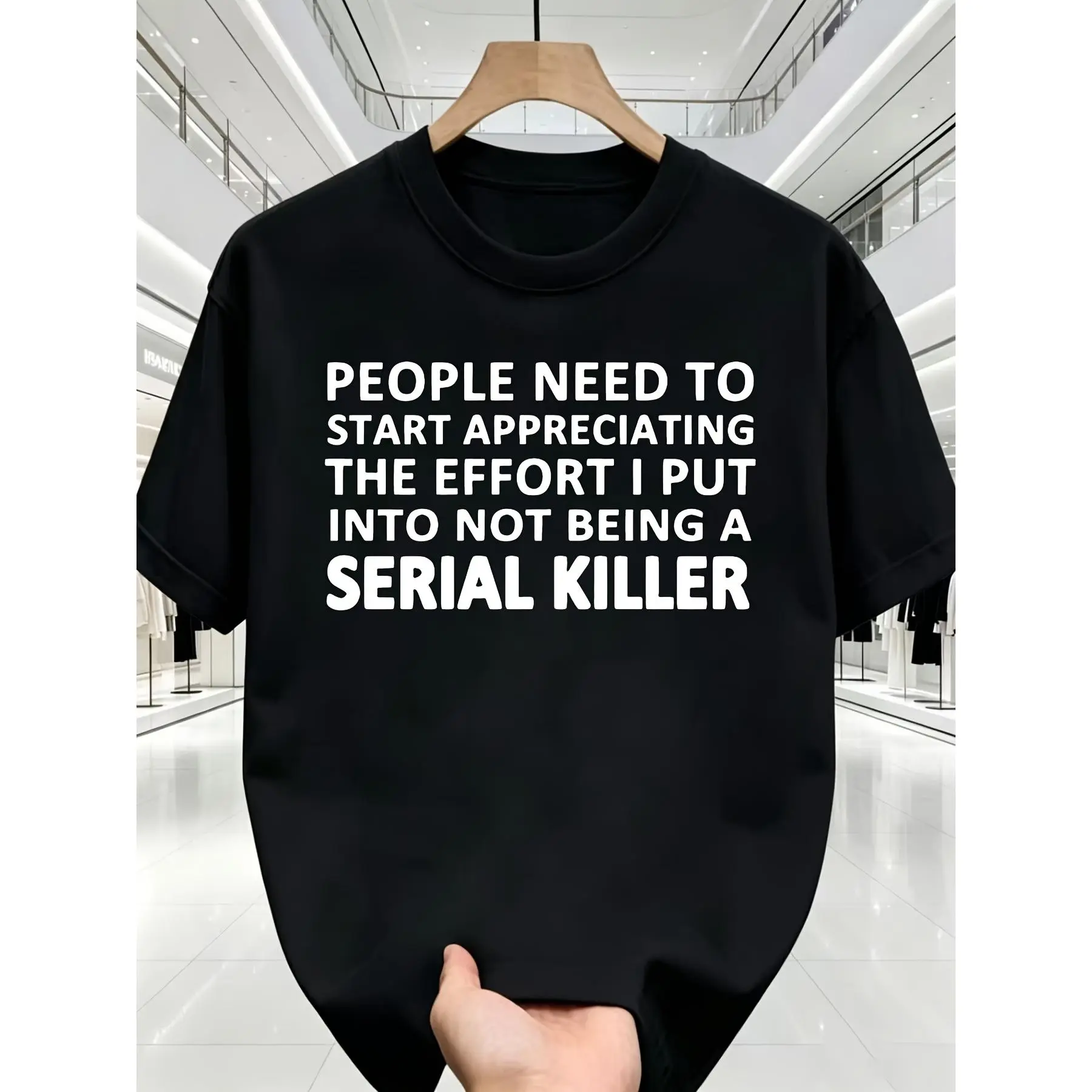 Men's Funny Serial Killer Humor T-Shirt - "Work Hard to Avoid Becoming a Serial Killer" Retro Graphic Tee, Round Neck Short Casual Shirt Suitable for Year-Round Wear & Conversation Starter Gift