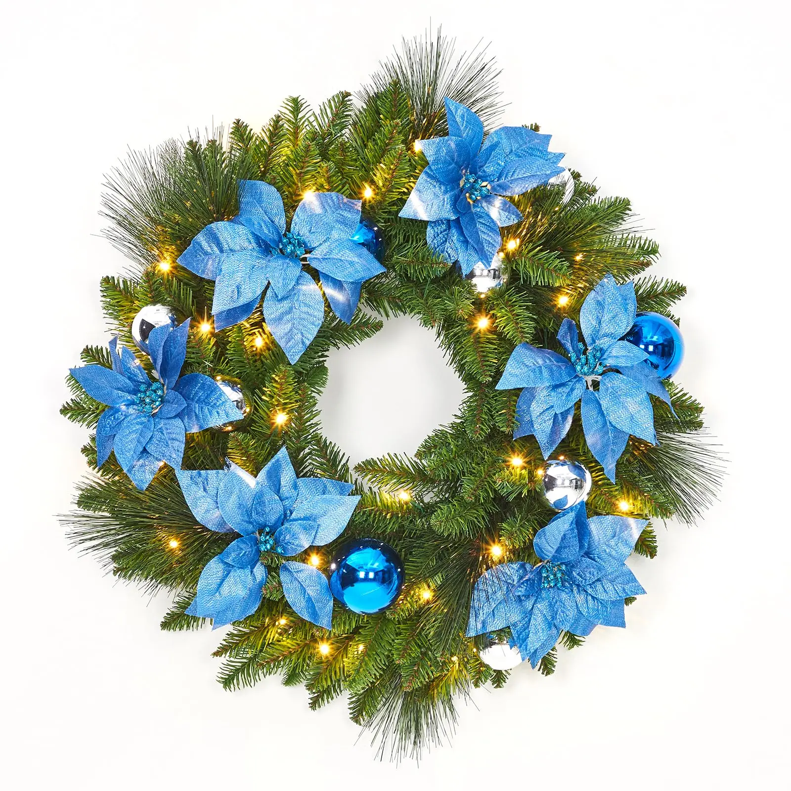 Garvee 61 cm Christmas Wreath with Flower Cypress Leaves, Balls, Ornament, Illuminated Front Door Christmas Wreath, Winter Christmas Decoration for Window, Door, Indoor and Outdoor Use, Blue and