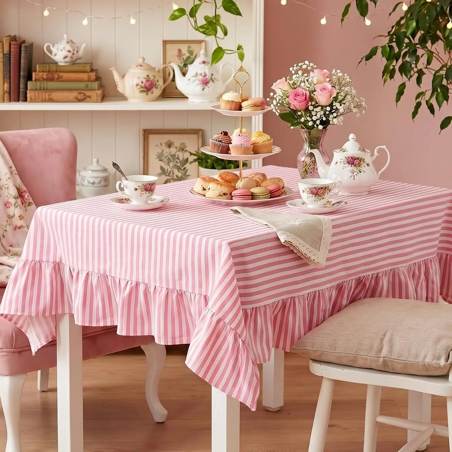 Mindsoft Pink Striped Ruffle Edge Cotton-Linen Rectangle Tablecloth, 52x70 in., Classic Farmhouse Vintage Decorative Cover for Holiday Party Decoration