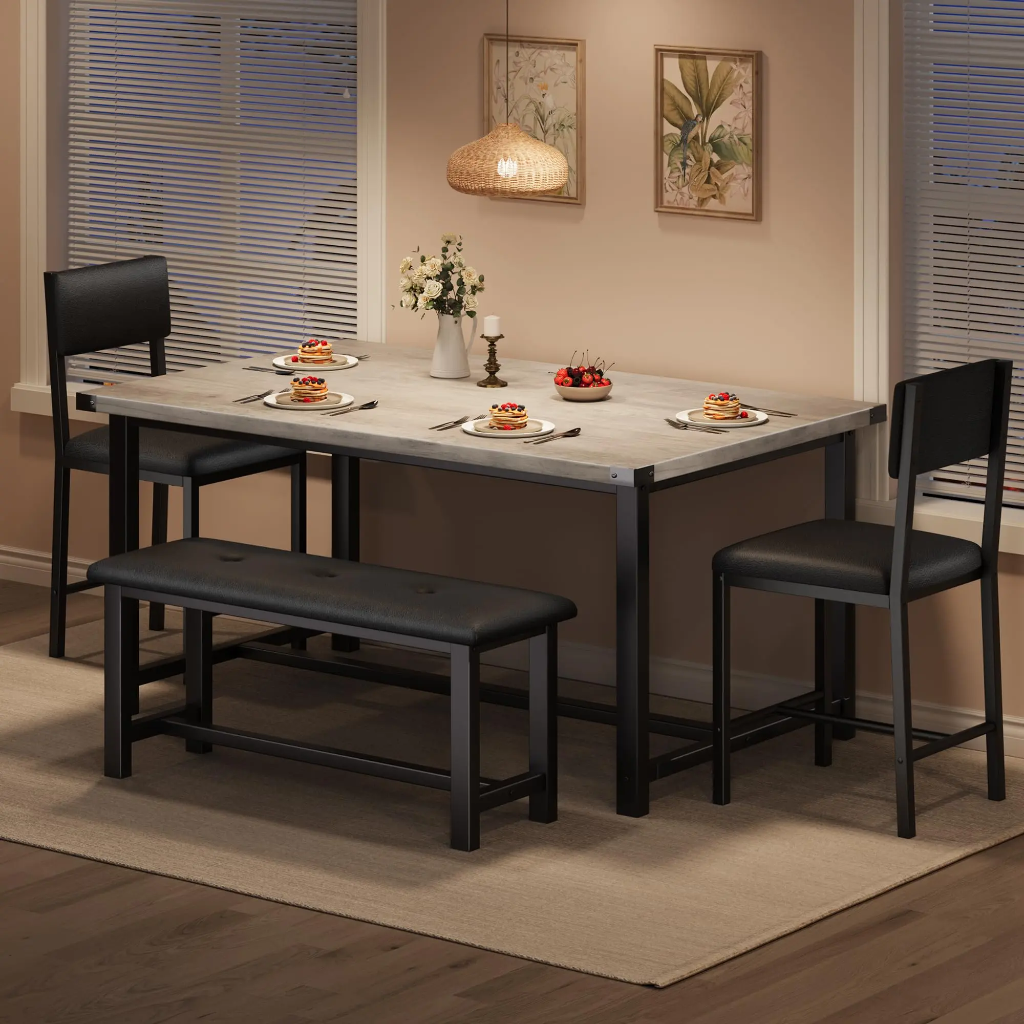 Dining Table Set for 4 with 2 Upholstered Chairs and Bench, Wood Kitchen Dining Room Set in Retro Gray, Marble White, Retro Brown, and Black, Ideal for Small Spaces, Apartments, and Homes