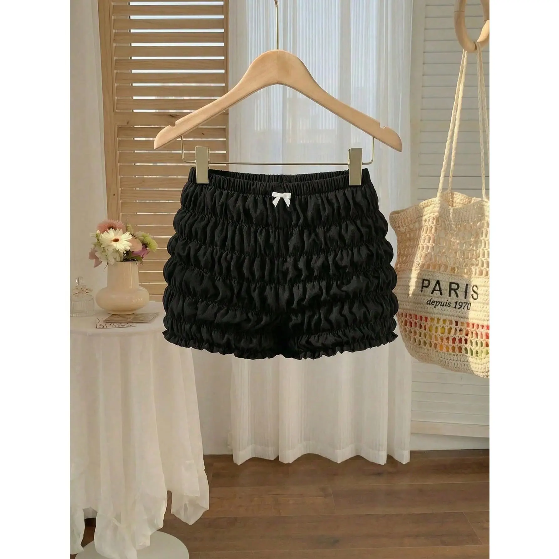 Women's Plus Size Comfortable Fabric Elastic Waist Bow Front Ruffled Smocked Mini Shorts Cute Bottoms