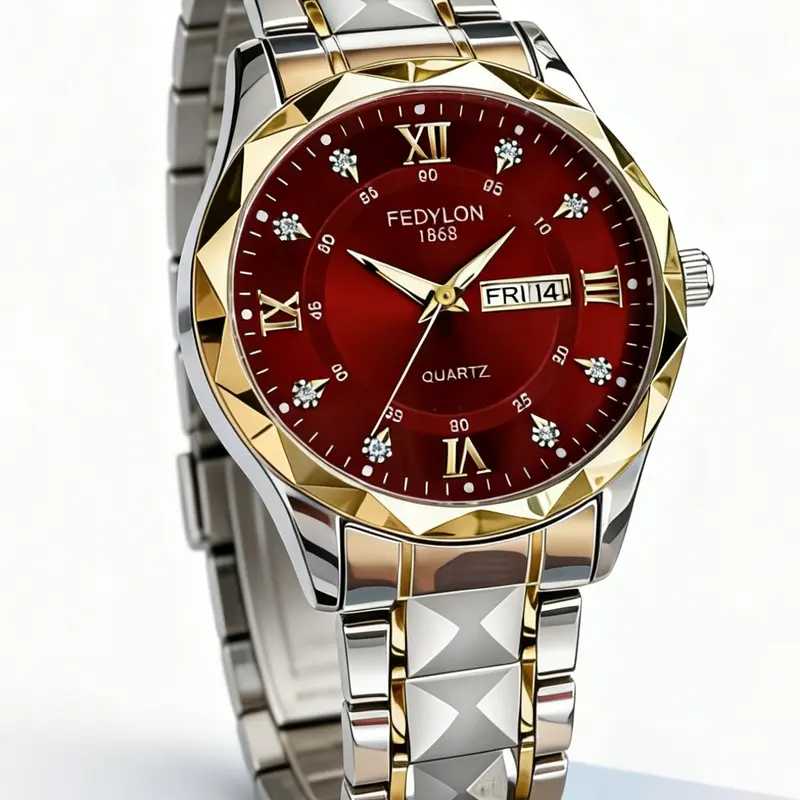 High-Quality Quartz Watch, Dial Dual Calendar Function, Rhinestone Hour Markers, Round Face, Hardlex Glass, Alloy Case, All Seasons