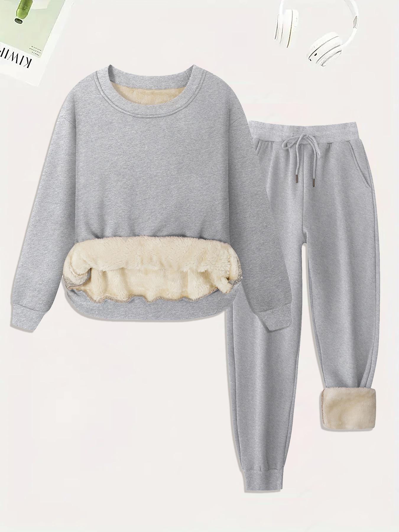 Women's Plain Soft Plush Lined Sweatshirt & Drawstring Waist Sweatpants Two-piece Set, Basic Casual Fitted Round Neck Long Sleeve Pullover & Pocket Jogger Pants, Women's Two-piece Outfits for Winter Womenswear