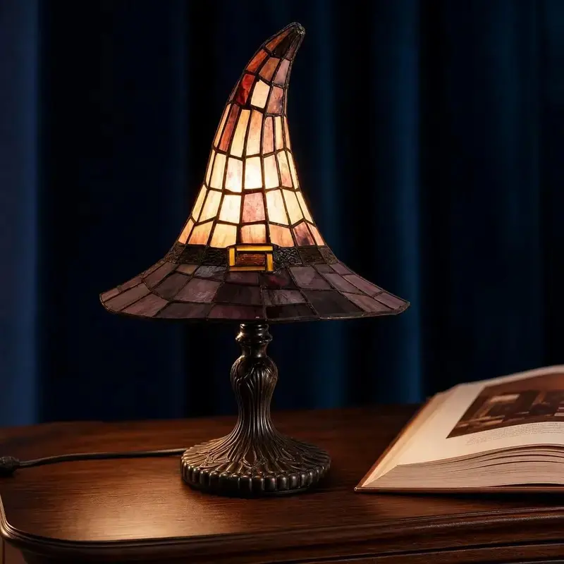 Stained Glass Witch Hat Lamp -DEALS FOR YOUHandcrafted Retro Resin Witch Lamp, USBPowered Gothic Wizard Hats Night Light,Halloween Home Decor Accent Lamps forBedroom & Bookshelf, Captivating Visual Effect