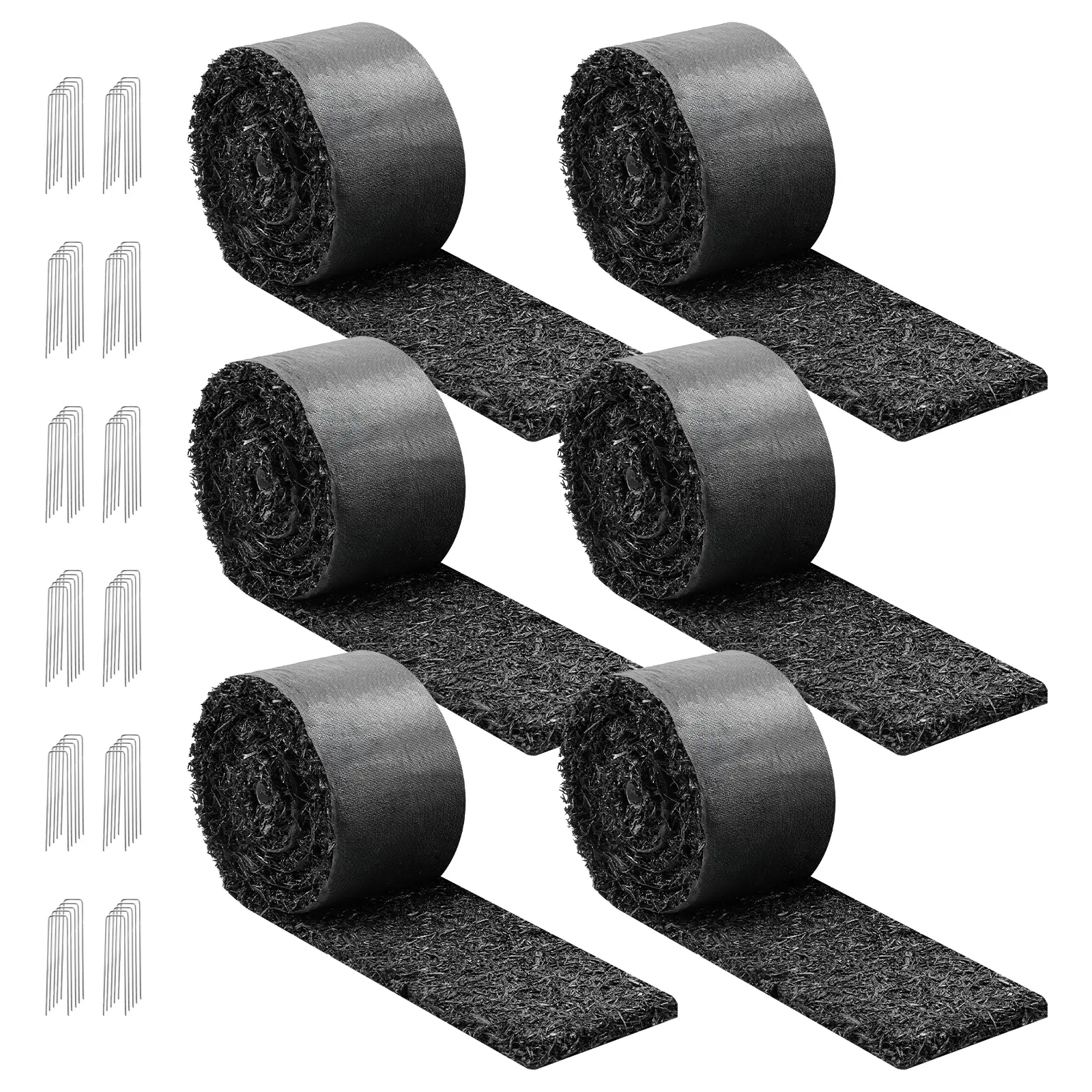 Rubber Mulch Mat Roll, 6 Rolls 120 x 4.5 in, Recycled Rubber Permanent Mulch Edging Border, Natural-Looking Flower Barrier with Stakes, 0.5 in Thick Cuttable Garden Edgings for Landscaping