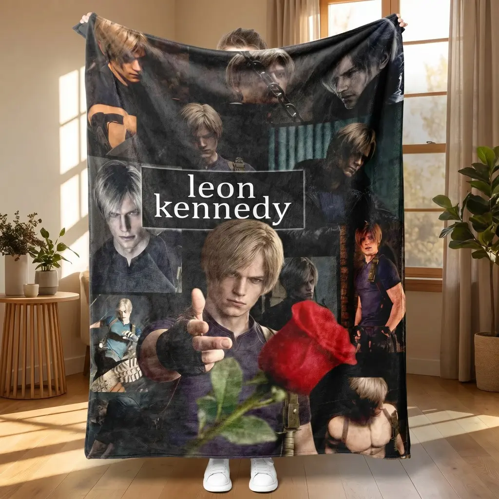 Leon Kennedy Resident Evil 4 Collage Flannel Blanket, RE4 Remake Rose Print Throw for Fans & Home Decor