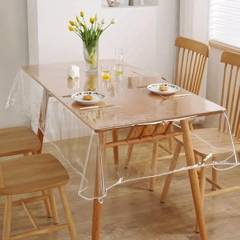 One rectangular transparent hemmed vinyl tablecloth, heat-resistant, easy to clean and wipe, scratch-resistant, suitable for use as a protective cover for home dining tables, restaurants, cafes, and banquet tables, Table Cover Protector