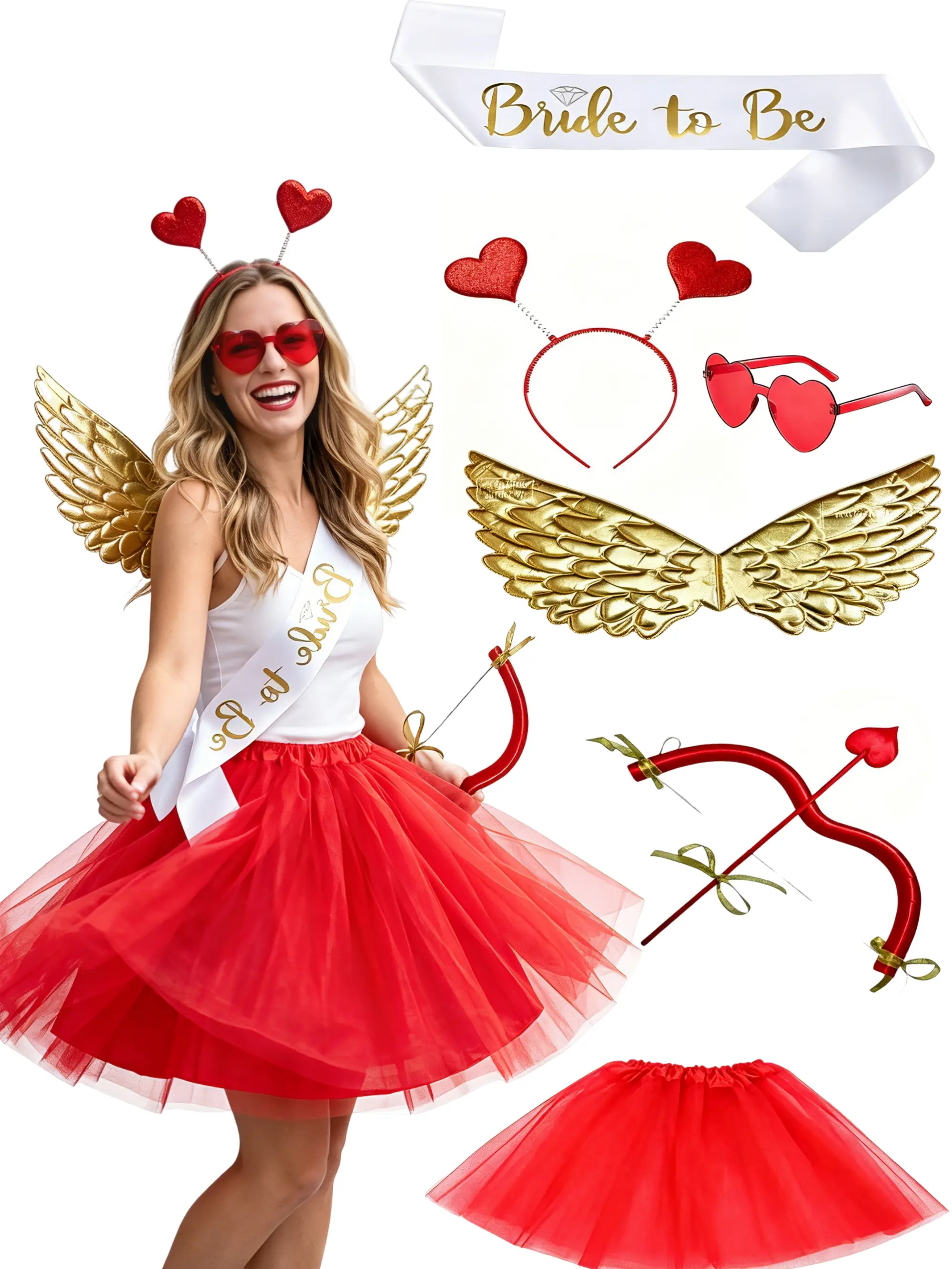 Cupid Costume Set for Bridesmaids, Tutu Dress, Angel Wings, Heart Hairband, Heart Sunglasses, Cupid Bow and Arrow, Valentine's Day Party Accessories