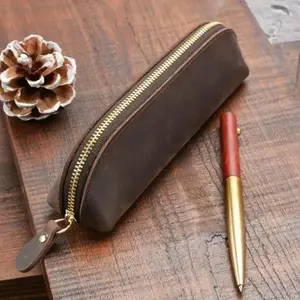 Vintage Faux Leather Zipper Pencil Pouch Multi Use Portable Storage Bag Glasses School Office Stationery Organizer