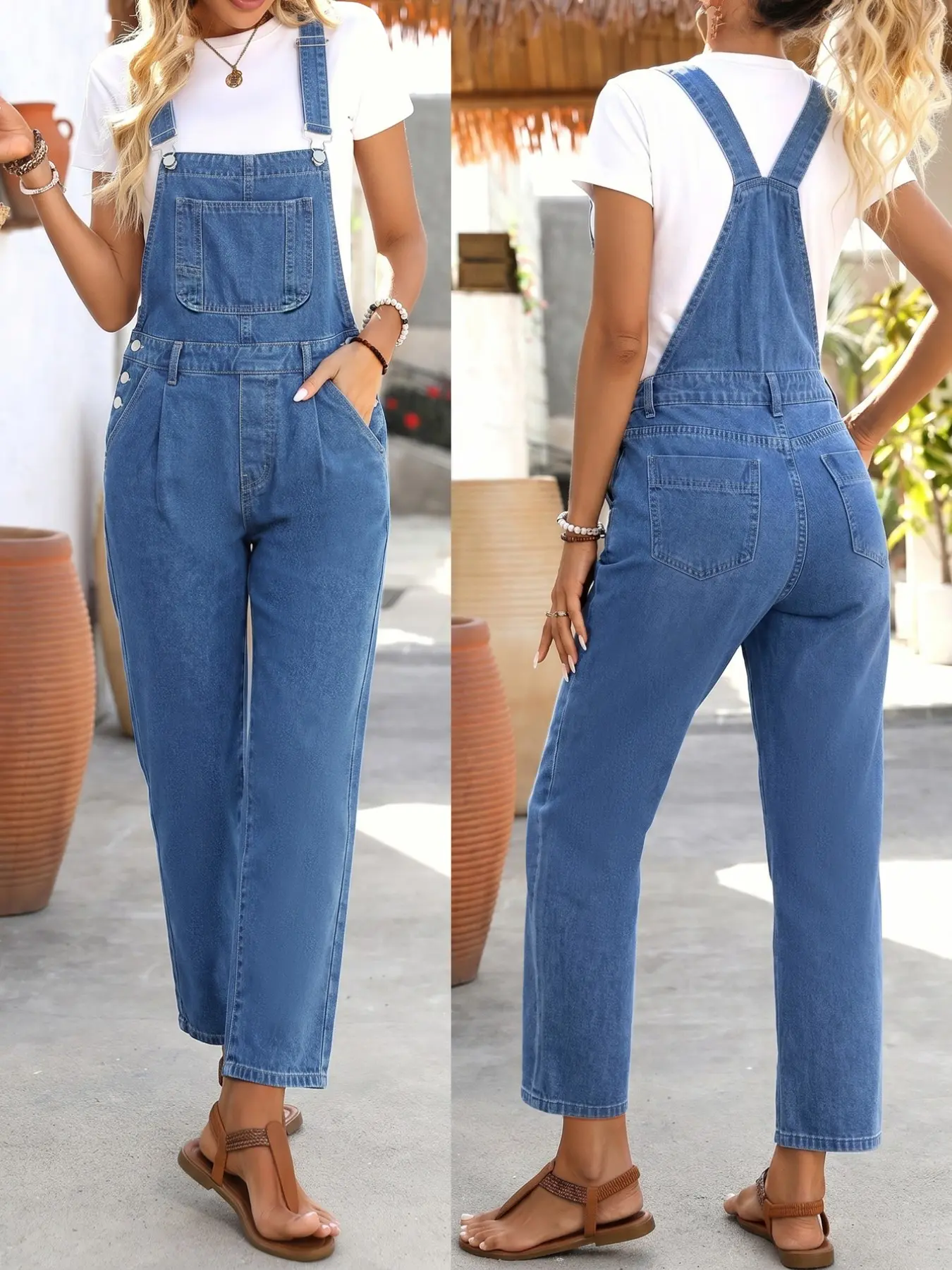 Women's Medium Wash Denim Bib Overalls, Relaxed Fit Cropped Straight Leg, Adjustable Straps, Casual Chic Everyday Style for Daily Wear