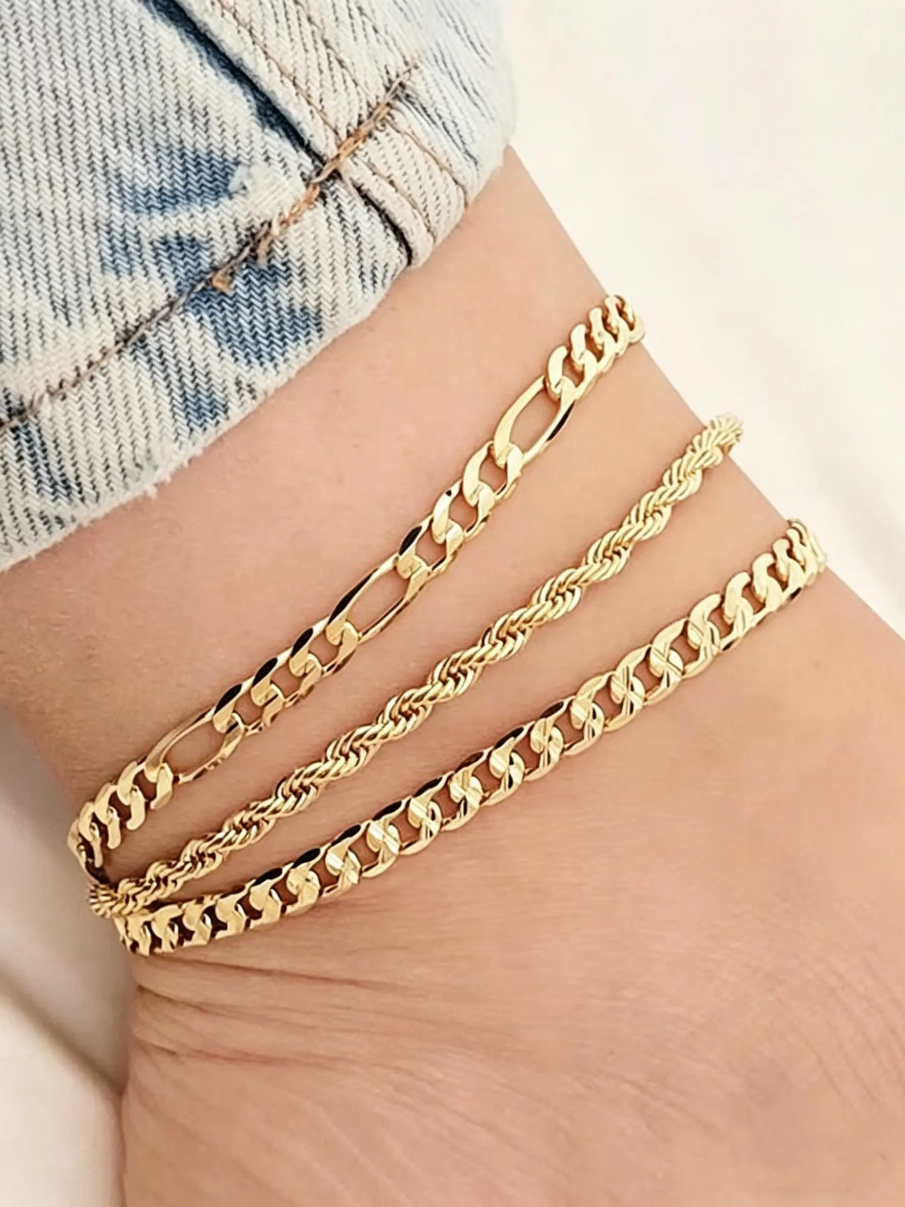 3Pcs Stackable Ankle Bracelets, Gold & Silver Stainless Steel, Hypoallergenic & Waterproof, anti-tarnish for sensitive skin, Curb, paperclip chain designs, adjustable fit, Ideal for daily, shower, trendy jewelry for women, Trendy Fashionable Accessories