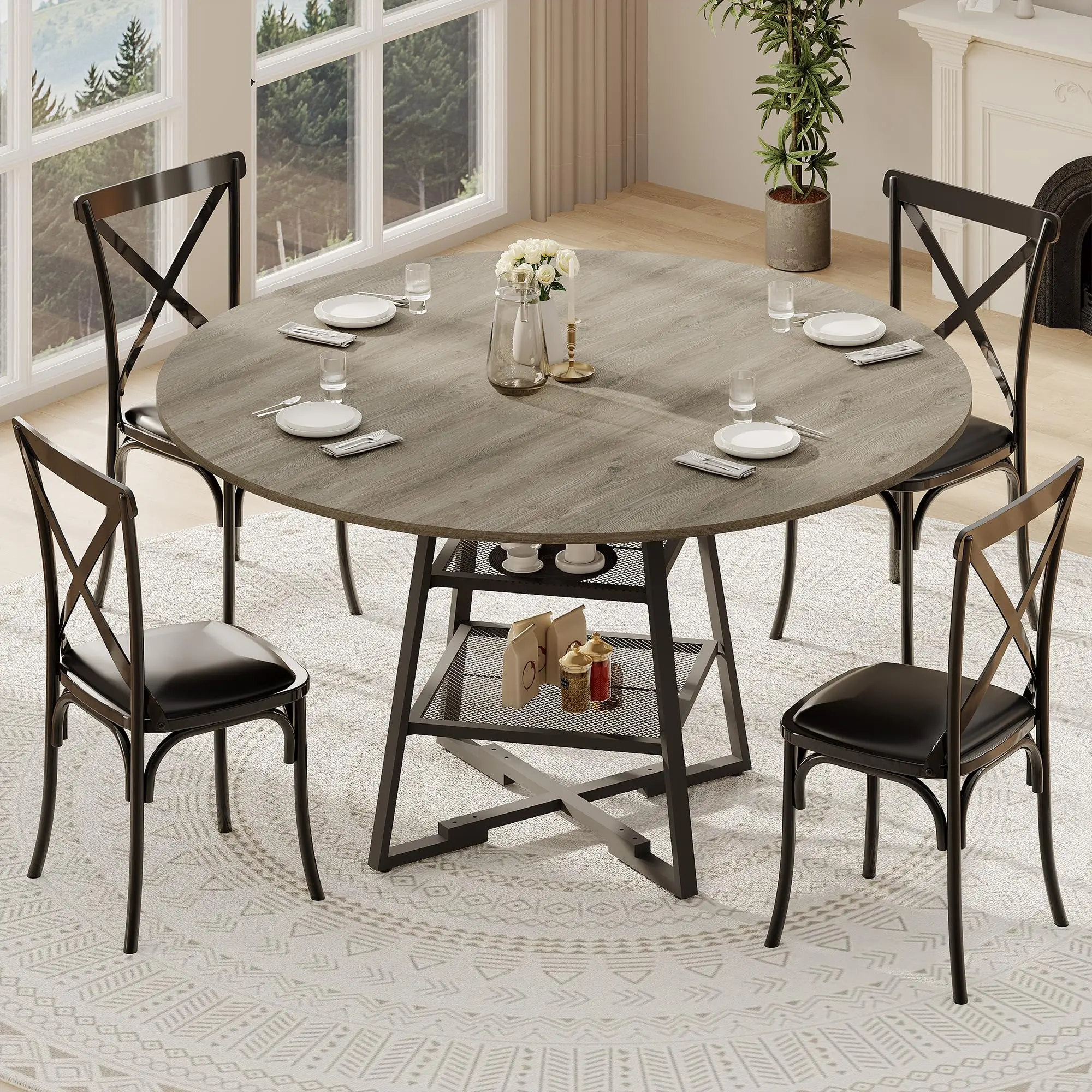 Garvee - Round Dining Table for 4 to 6 People, Circular Dining Table with Metal Base, 47-Inch Wooden Round Table, Wooden Kitchen Tables with Shelf