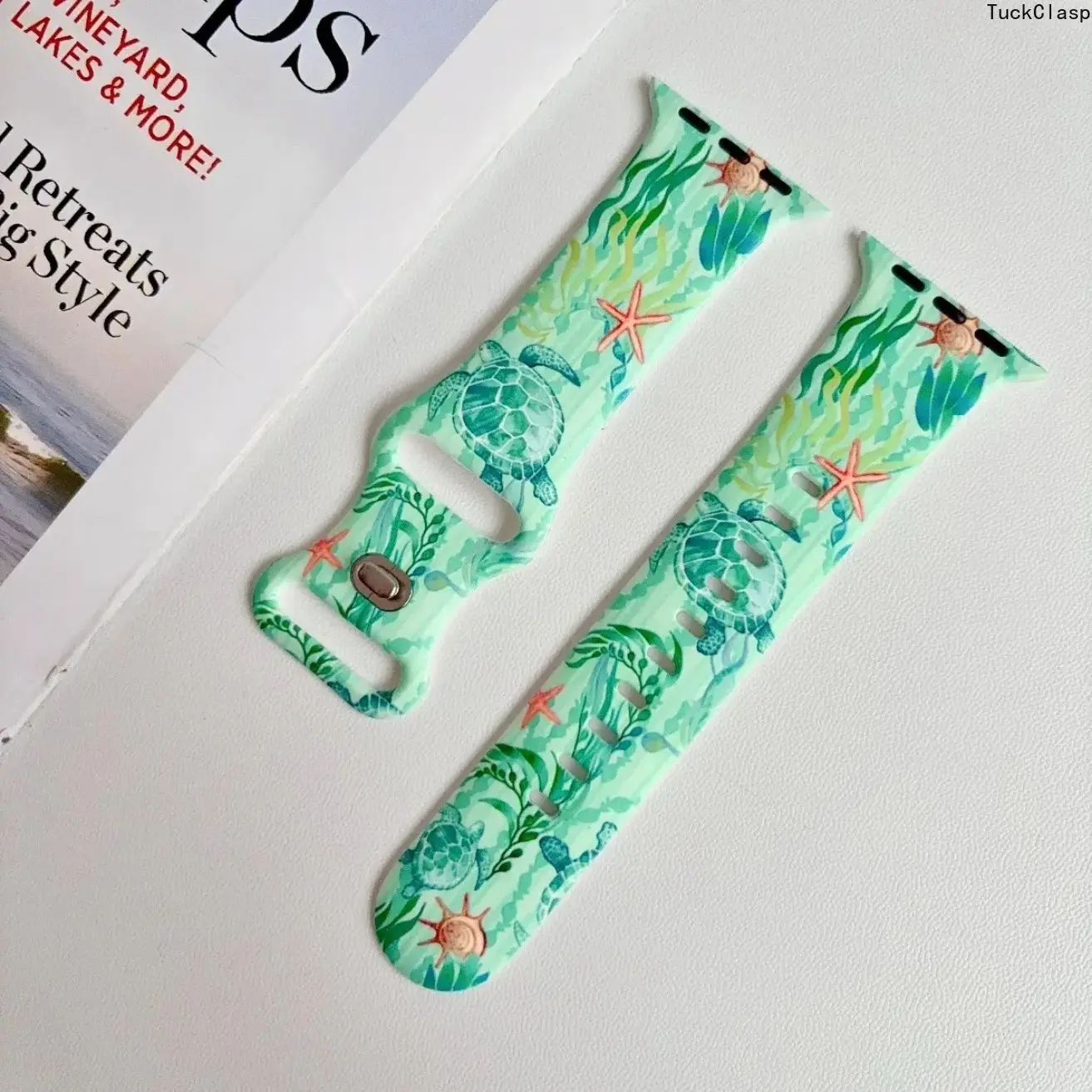 Light Green Underwater Turtle Starfish Seaweed Printed Silicone Watch Band, Soft Breathable Fresh Summer Marine Sport Replacement Strap Compatible with Apple Watch Series 2 3 4 5 6 7 8 9 10 11, Fit 38/40/41/42/44/45/46/49mm, Stylish Ocean Themed Wrist Acc