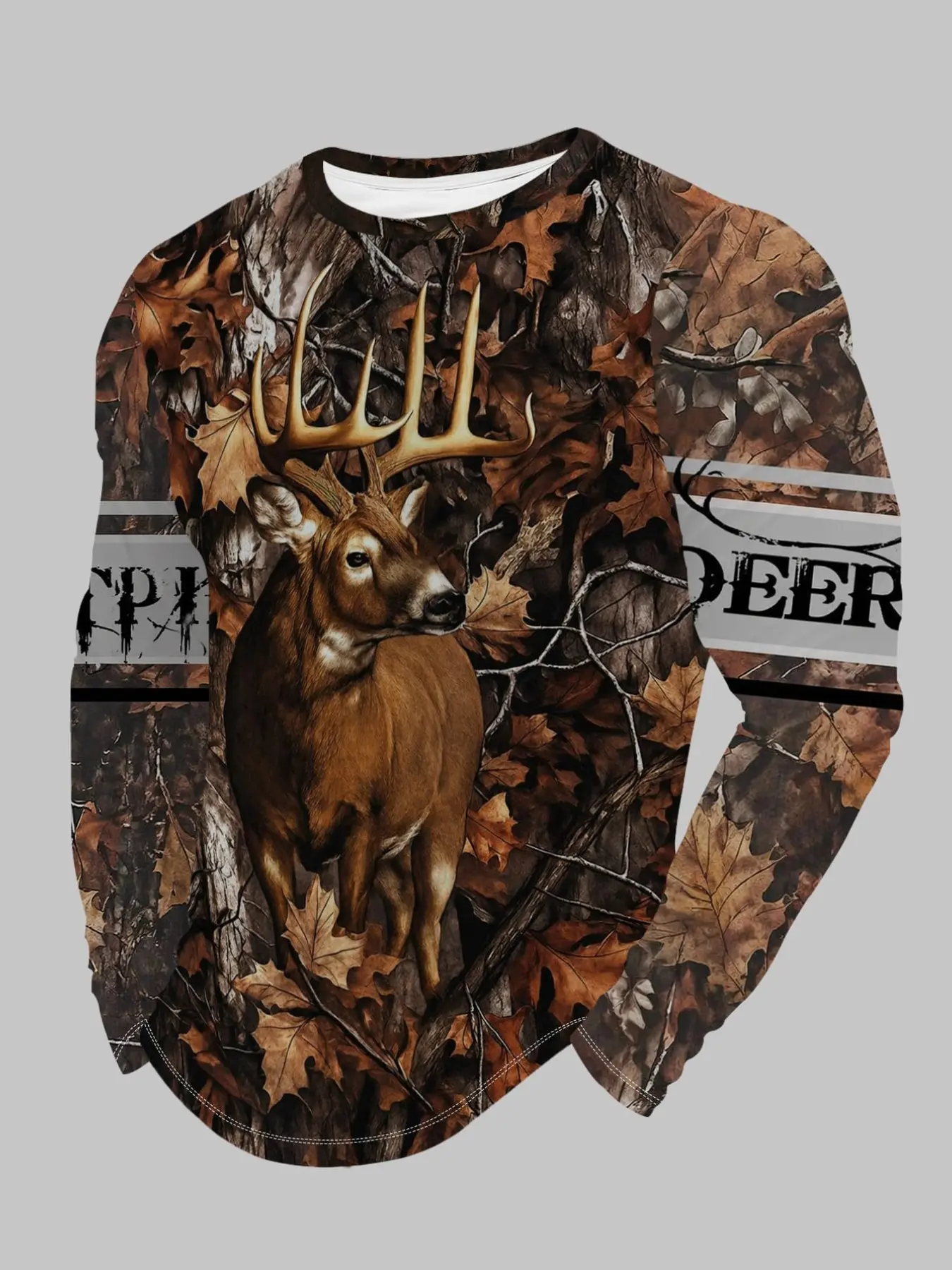 Men's Deer Forest Camo Full Print Round Neck Sweatshirt, Wildlife Hunting Pattern Long Sleeve Top, Comfortable Breathable Fabric