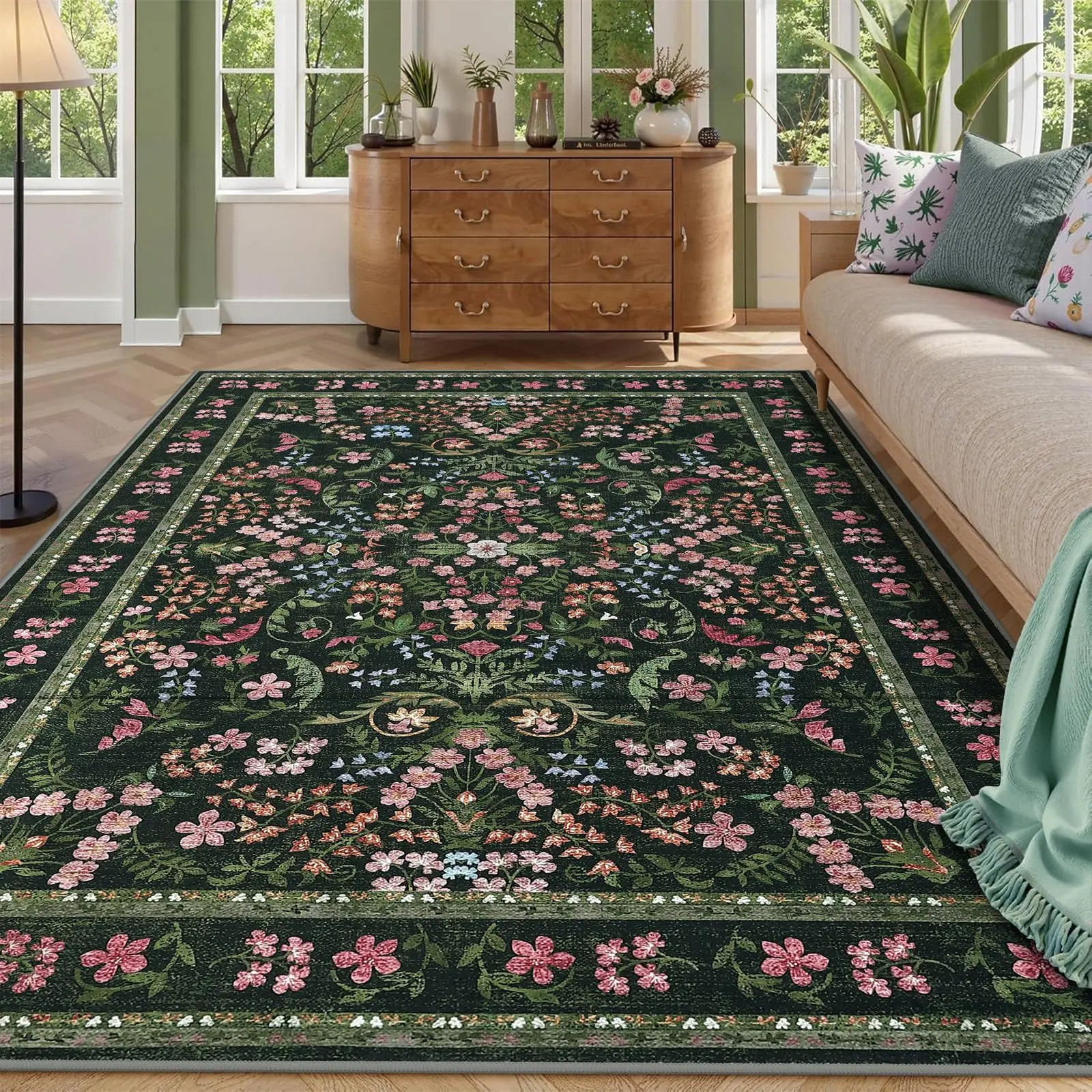 Machine Washable Foldable Area Rug Pearl Velvet Floral Print Non Slip for Bedroom Living Room Dorm Deep Green 5x7 ft