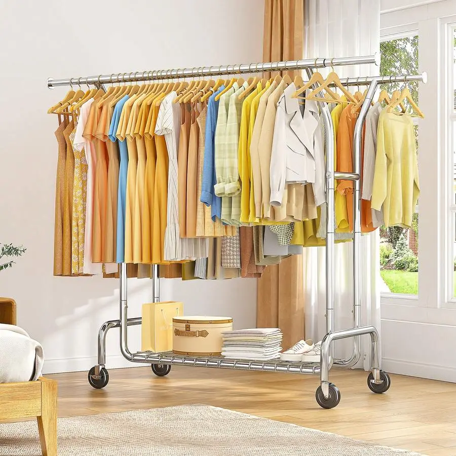 All-In-One Open Wardrobe Combining Coat Rack And Cabinetn, Double Garment Rack With Shoe Storage, Maximize Storage With Shelves And Wheels & 430LBS Capacity