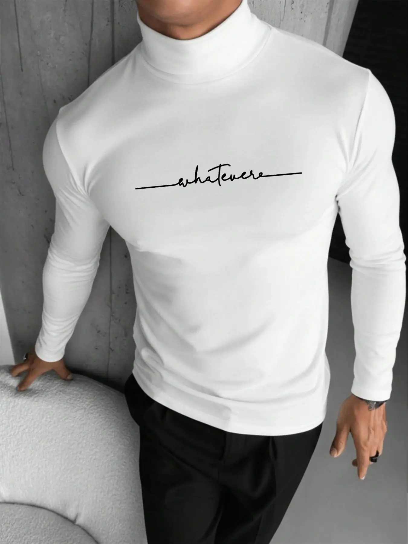 Three Color Options, Minimalist Handwritten 'whatever' Print, Fitted High Neck Long Sleeve Sweatshirt, Casual Office Wear, Unisex Style