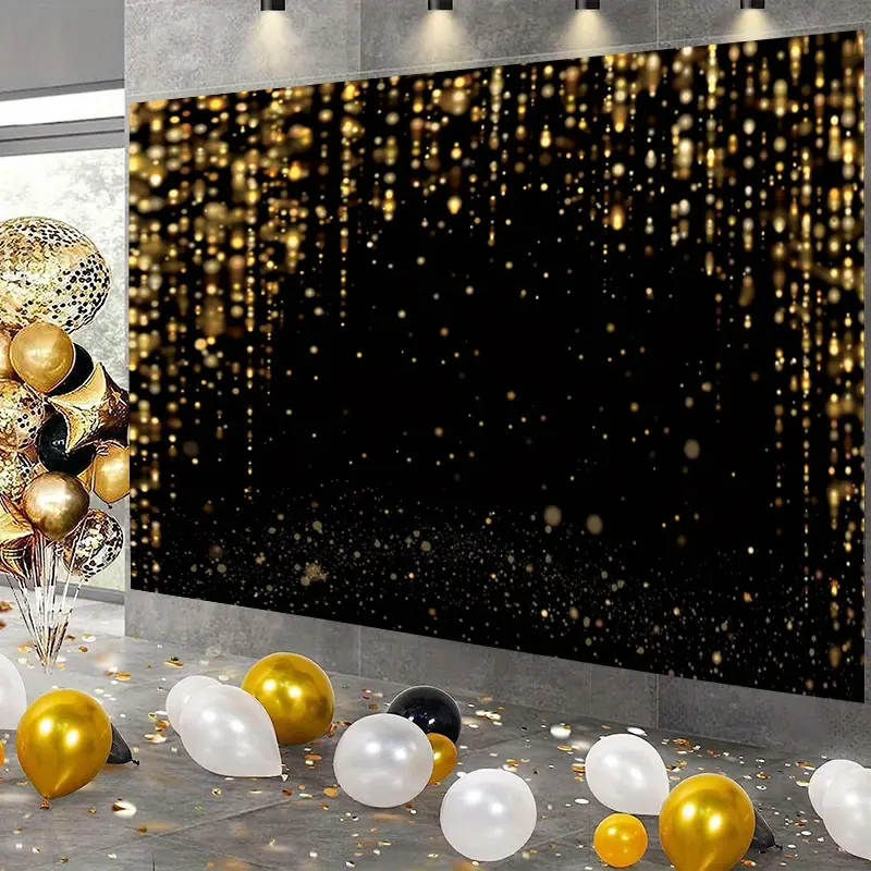 Black and Gold Sparkle Backdrop Banner, Glitter Photo Backdrop, 2D Flat Single-Sided Polyester Banner with Metal Grommets, Perfect for Birthdays, Weddings, Graduations, Photo Booths and Celebration Decor, Party Decorations