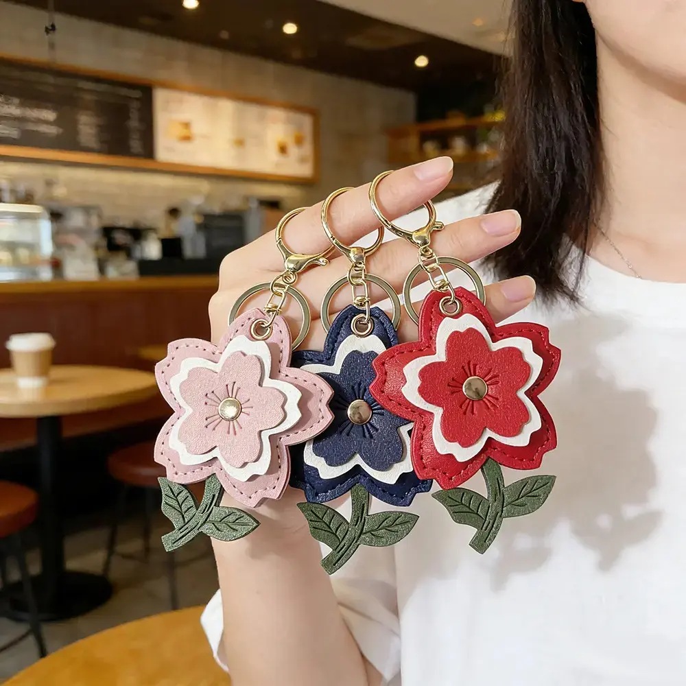 Handmade Stitched PU Leather Sakura Keychain, Cherry Blossom Bag Charm For Women Daily Decor And Small Gift Use