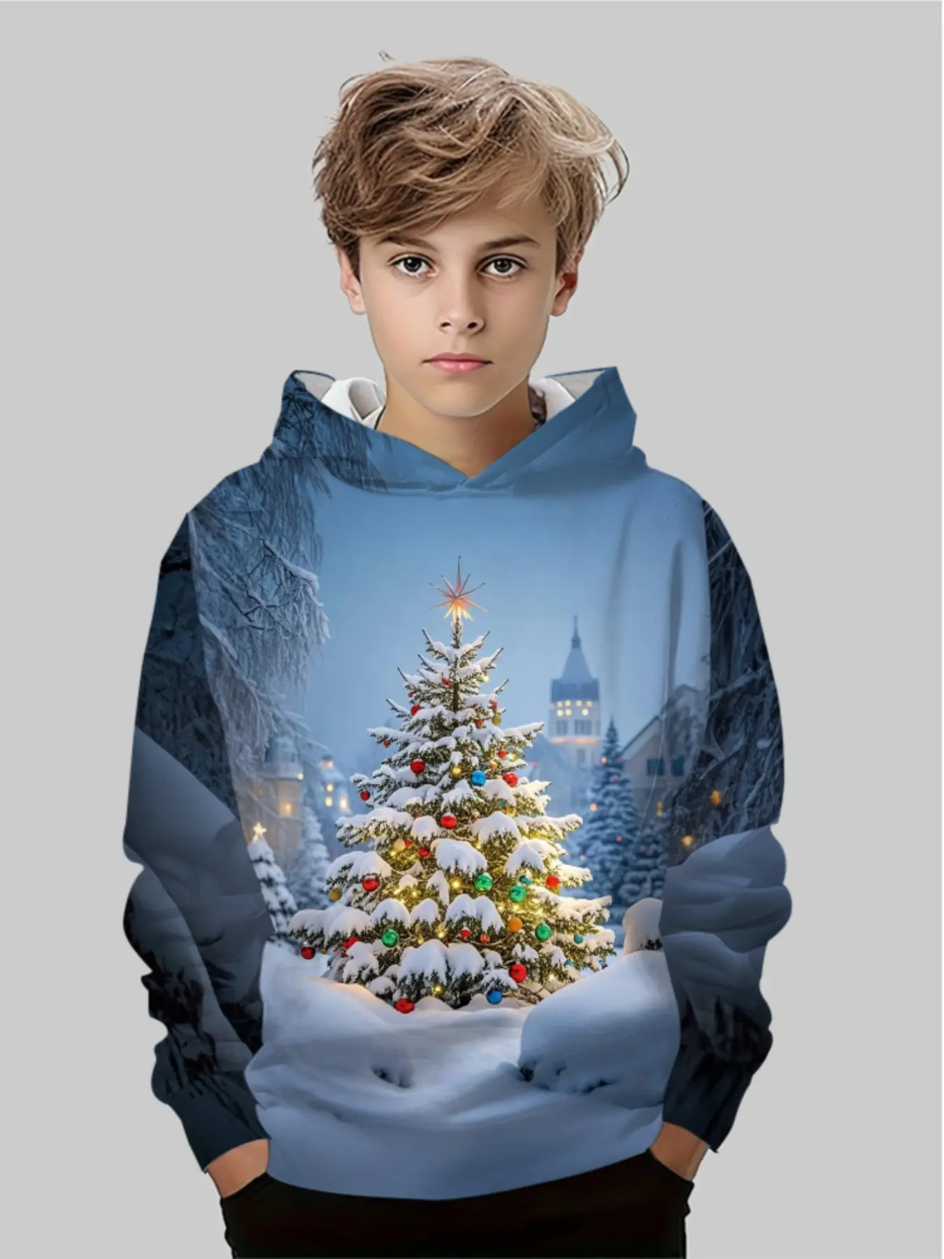 Boys' Christmas Pullover Hoodie, Santa Claus Design, Long Sleeve Loose Fit, Winter Casual Wear, Holiday Sweatshirt