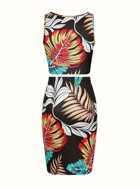 Women's Floral Print Slim Fit Sleeveless Two-Piece Set, Stylish Summer with Elegant Plant Detail, Perfect for Daily Outings, Womenswear