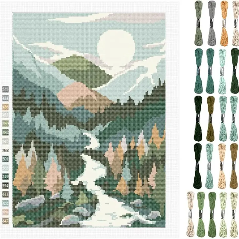 Embroidery Kit, 1 Count Landscape Pattern DIY Cross Stitch Kit with Random Color Tools, Embroidery Thread, Embroidery Craft Kit for Beginners, DIY Wall Decoration, Embroidery Design, DIY Craft Supplies, Handicraft, Handmade DIY Craft