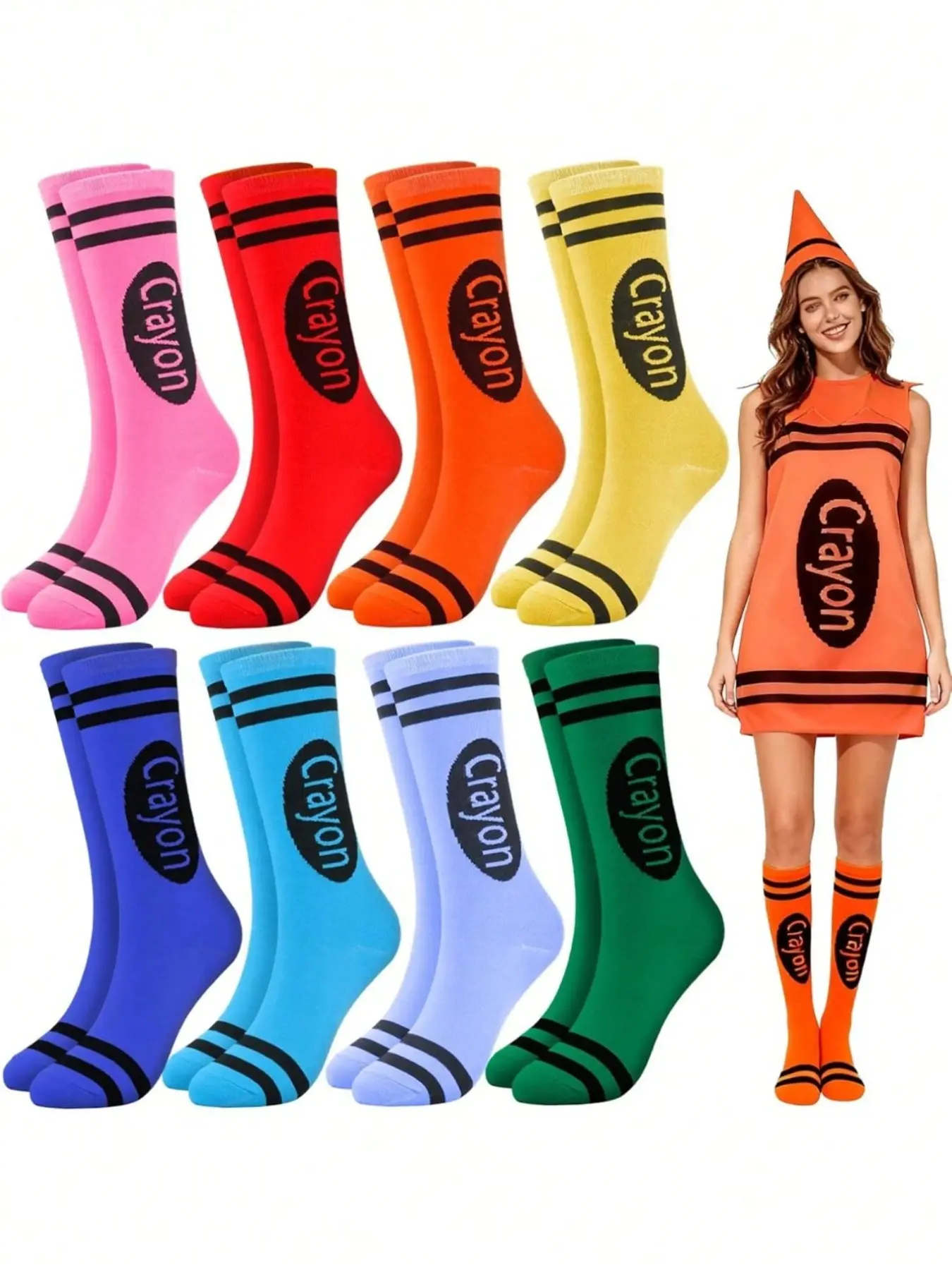 8 Pairs Random Pack Crayon Creative Print Rainbow Multi-Color Striped Women's Ankle Socks, Comfortable Breathable Soft Everyday Casual, All Seasons