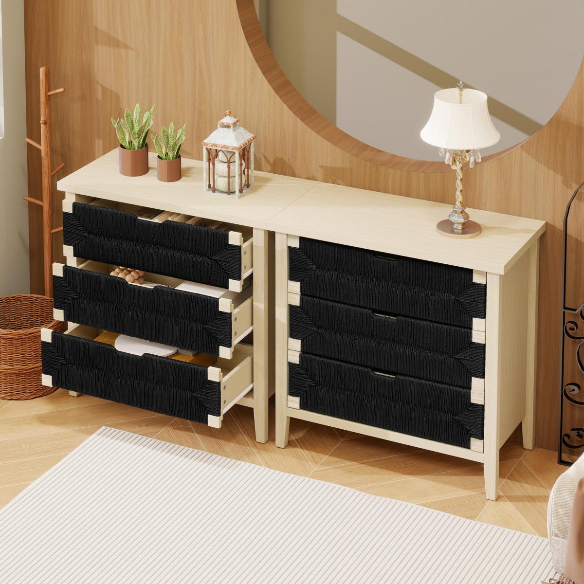 3 Drawer Buffet Sideboard with Adjustable Shelves, Storage Cabinet with Hand-woven rope decorated drawers for Living Room Kitchen Entryway